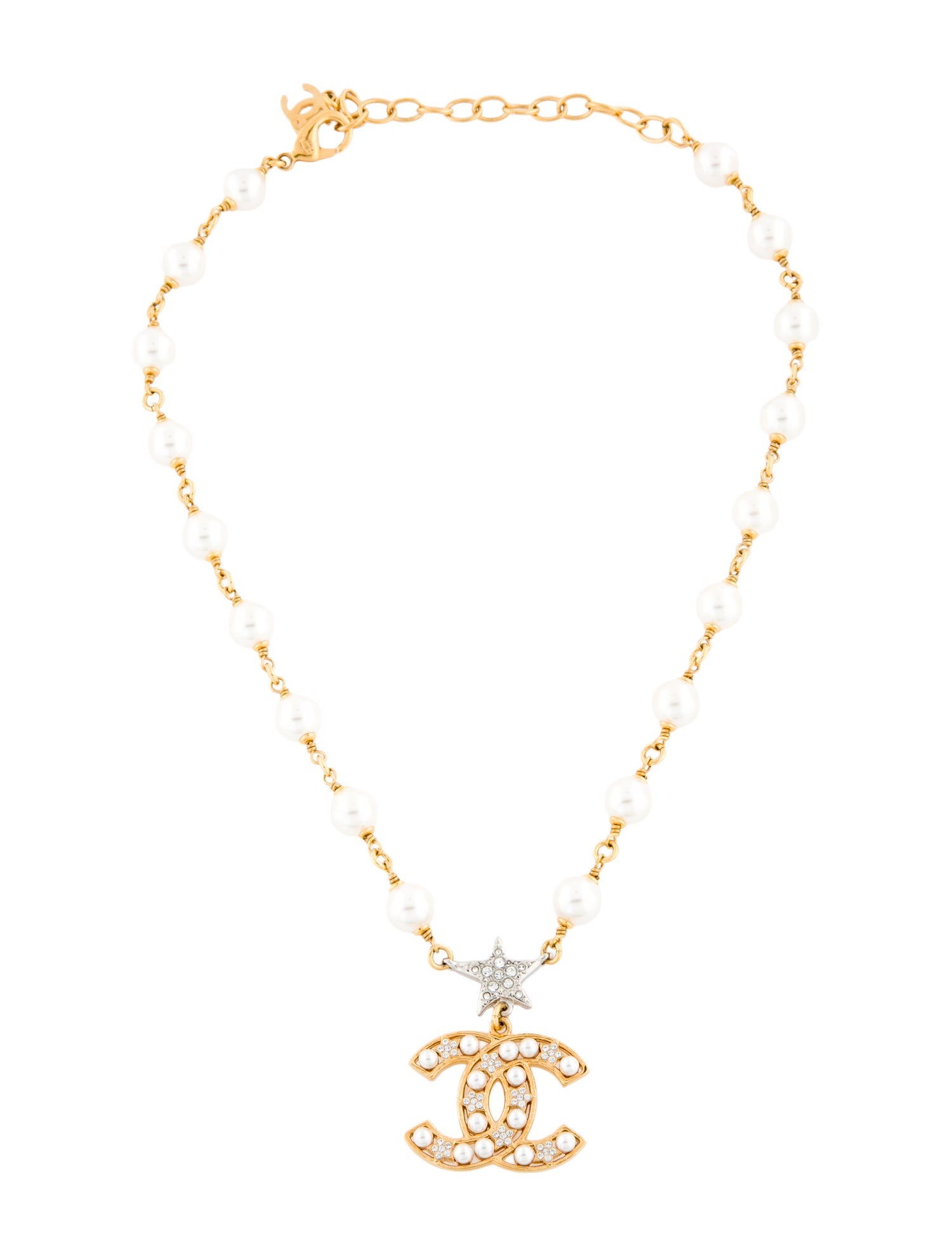 Chanel 2020 Faux Pearl & Strass CC Star Pendant Necklace