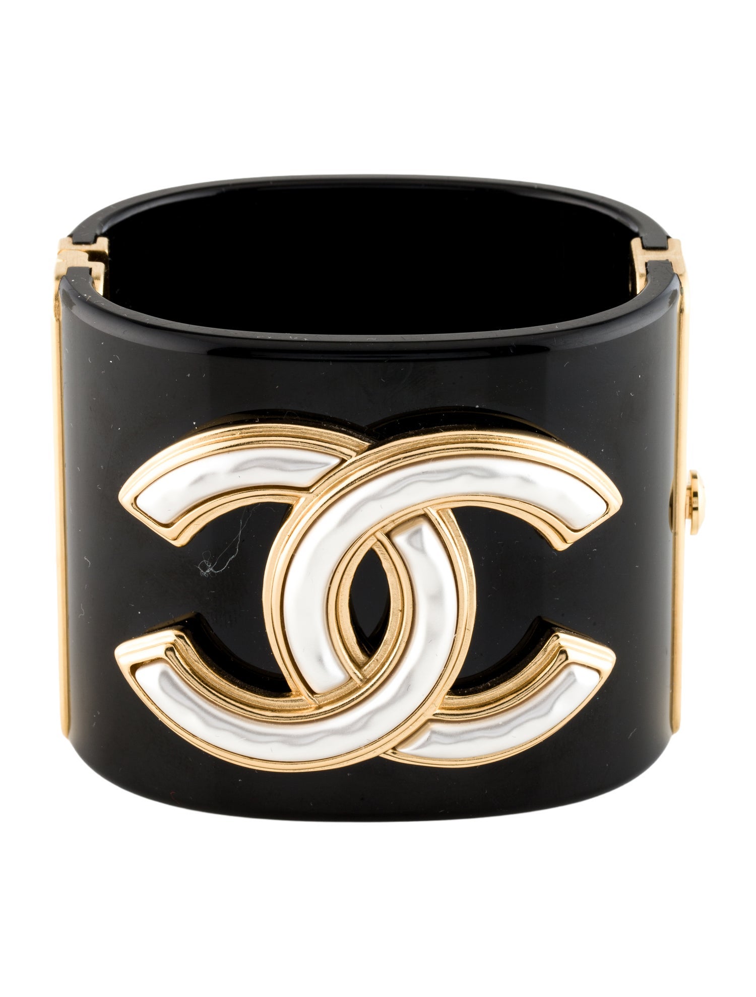 Chanel 2022 Faux Pearl & Resin CC Hinged Cuff Bracelet
