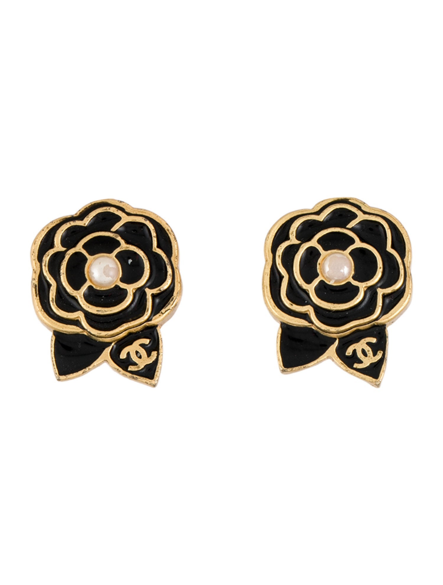 Chanel Faux Pearl & Resin CC Camellia Clip-On Earrings