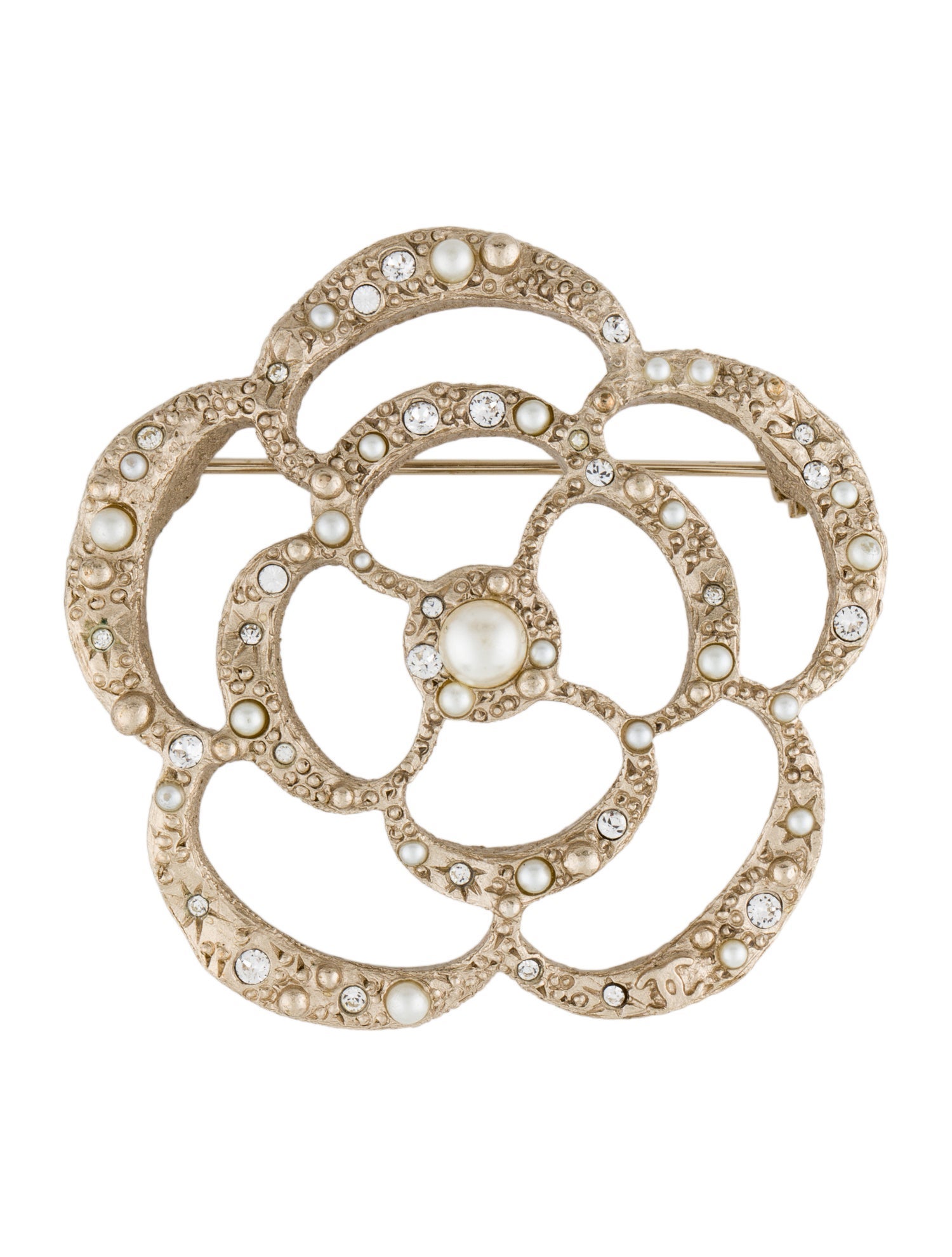 Chanel Faux Pearl & Strass CC Camellia Brooch