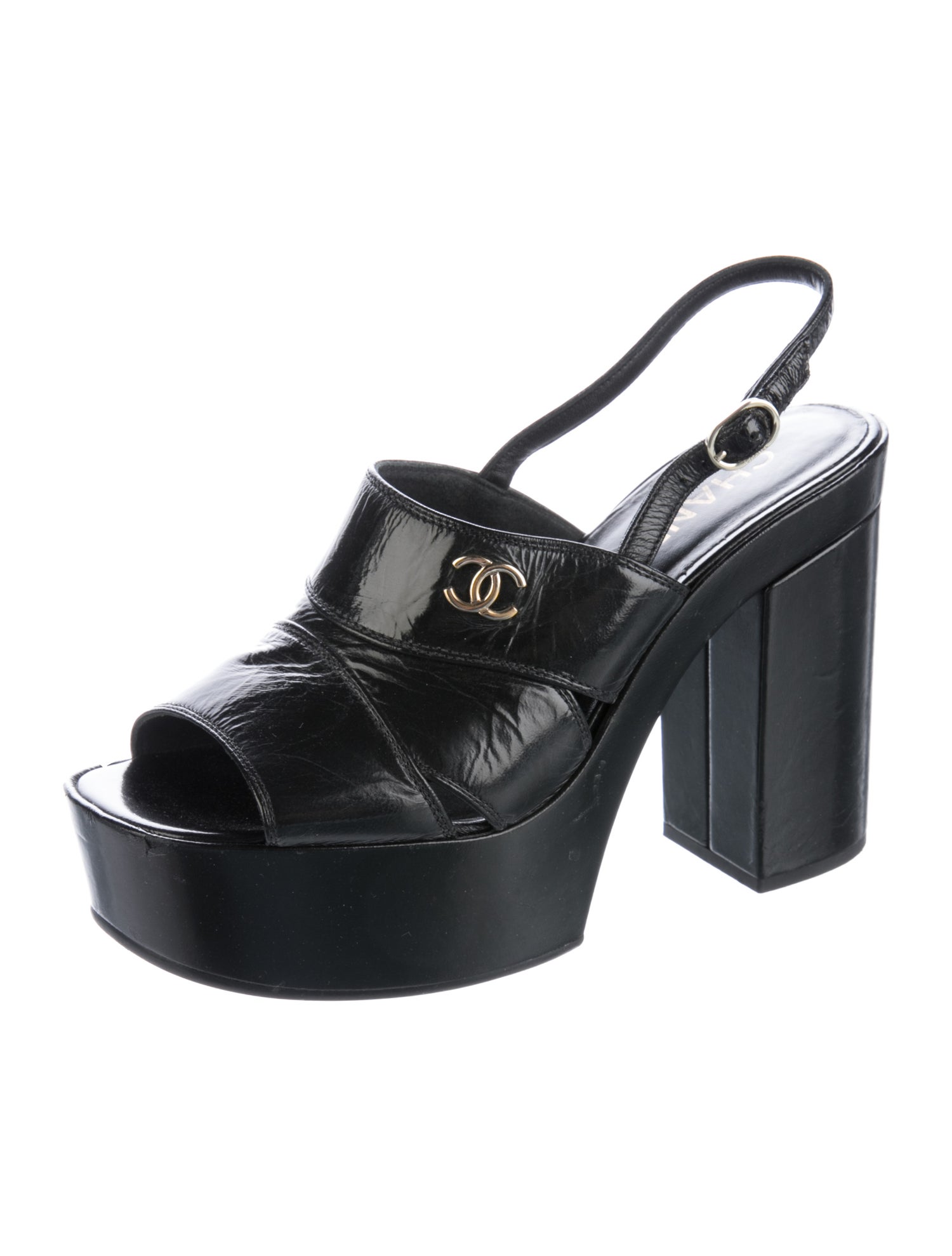 Chanel Interlocking CC Logo Patent Leather Slingback Pumps