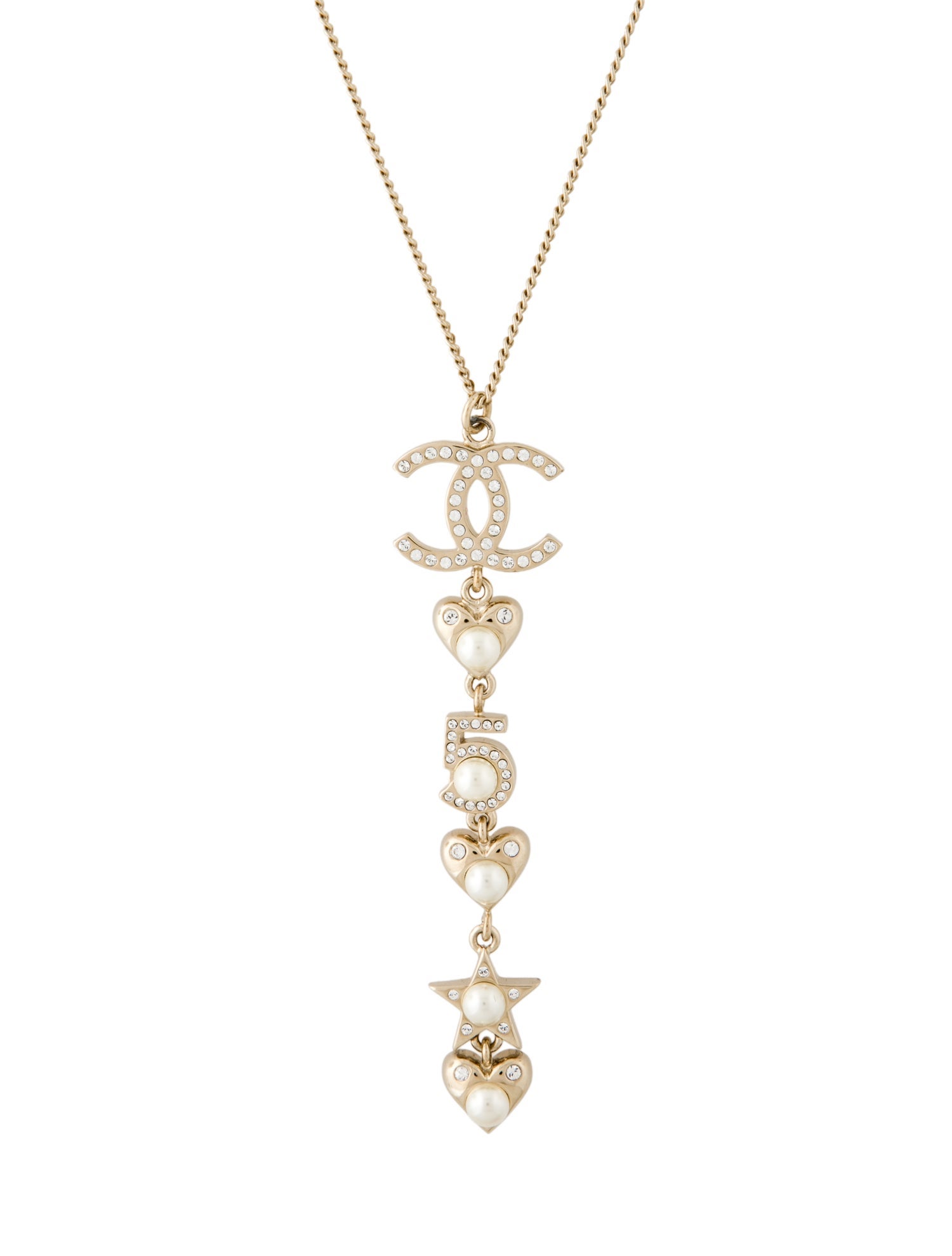 Chanel Faux Pearl & Strass No 5 Heart & Star Pendant Chain Necklace