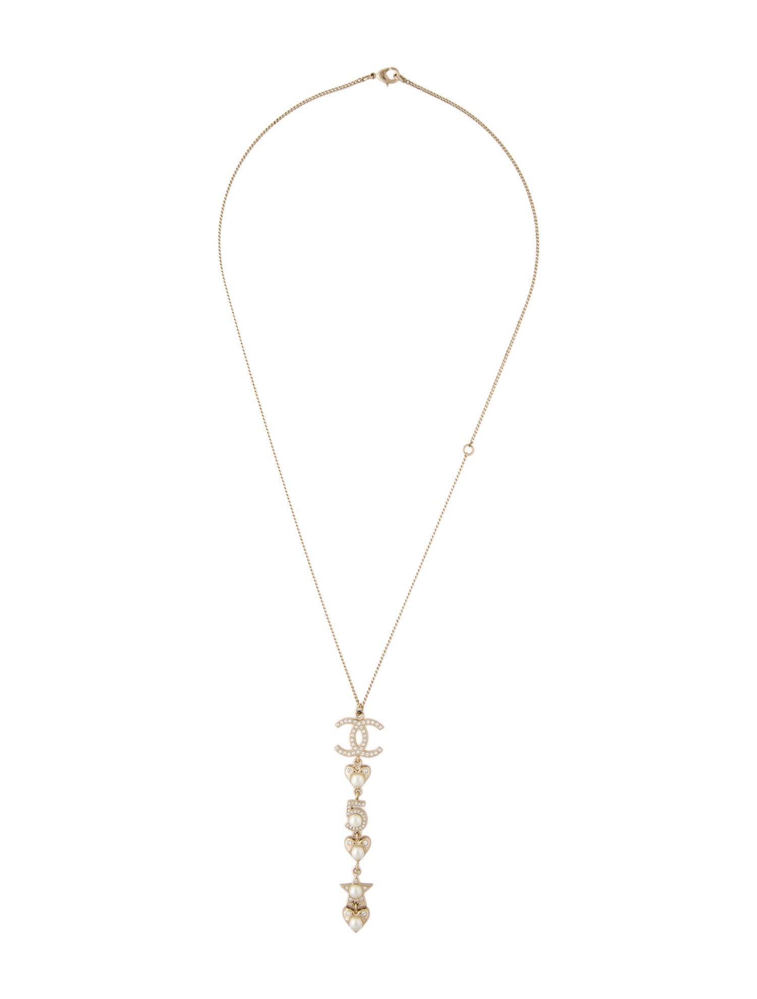 Chanel Faux Pearl & Strass No 5 Heart & Star Pendant Chain Necklace
