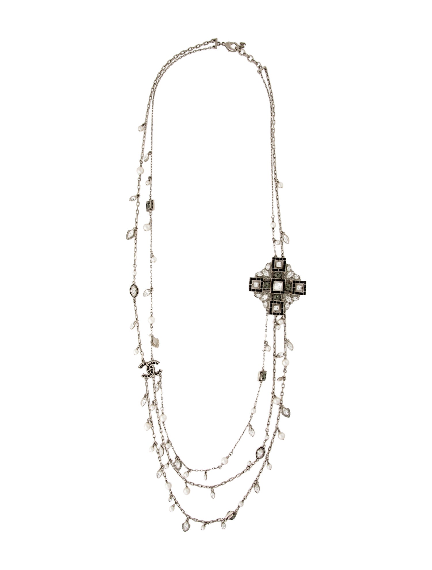 Chanel Faux Pearl & Strass CC Multistrand Station Necklace