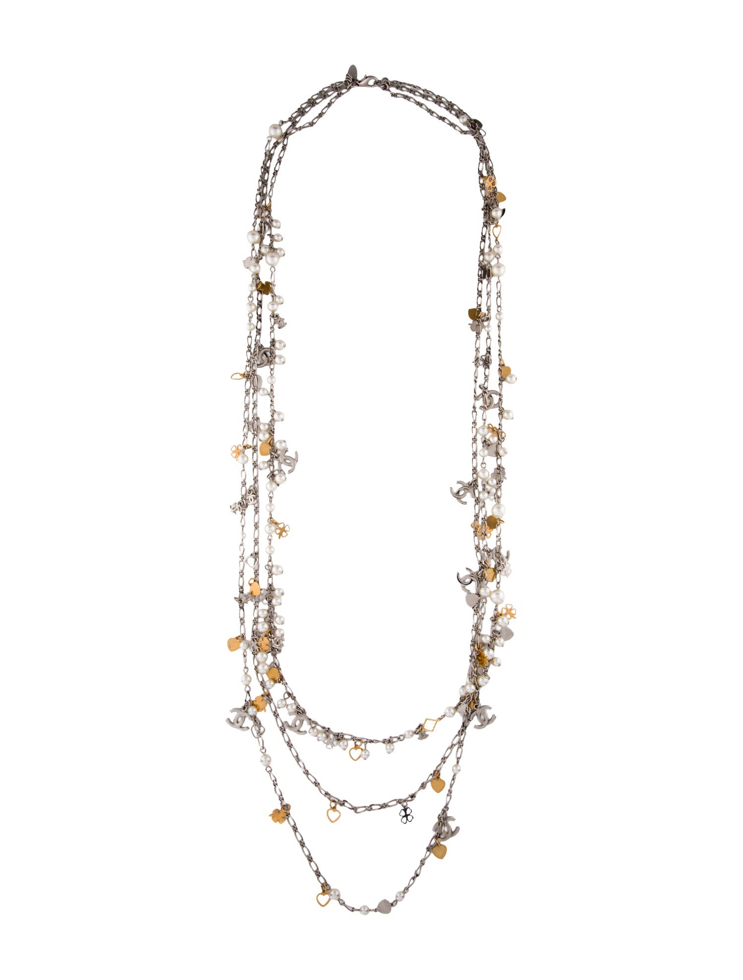Chanel Faux Pearl Clover, Heart & CC Multistrand Necklace
