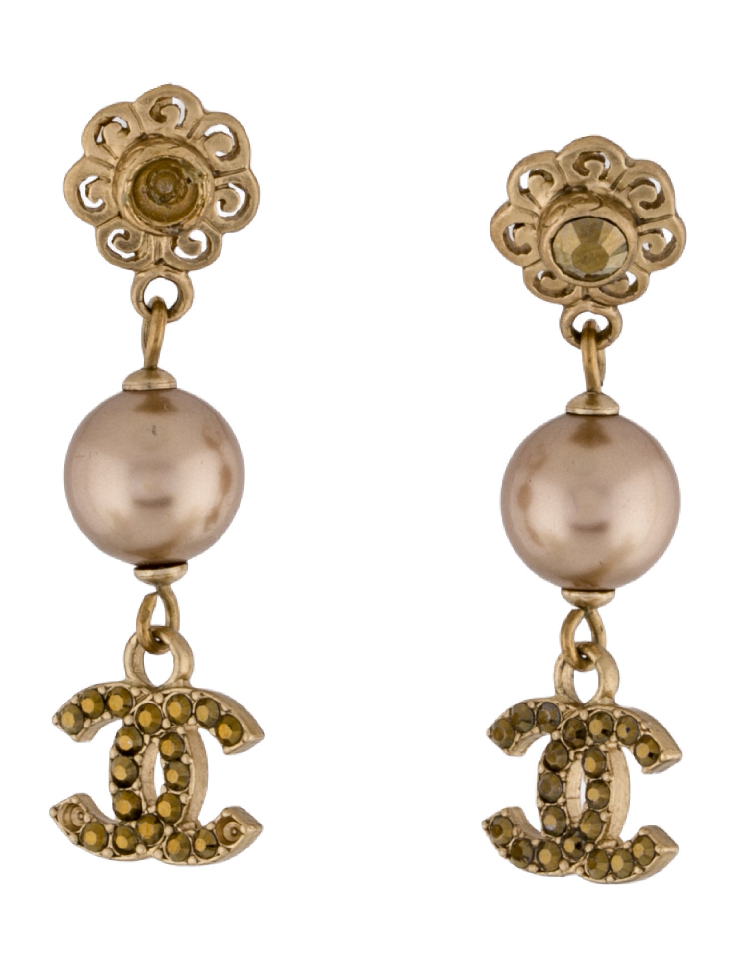 Chanel Strass & Faux Pearl CC Drop Earrings