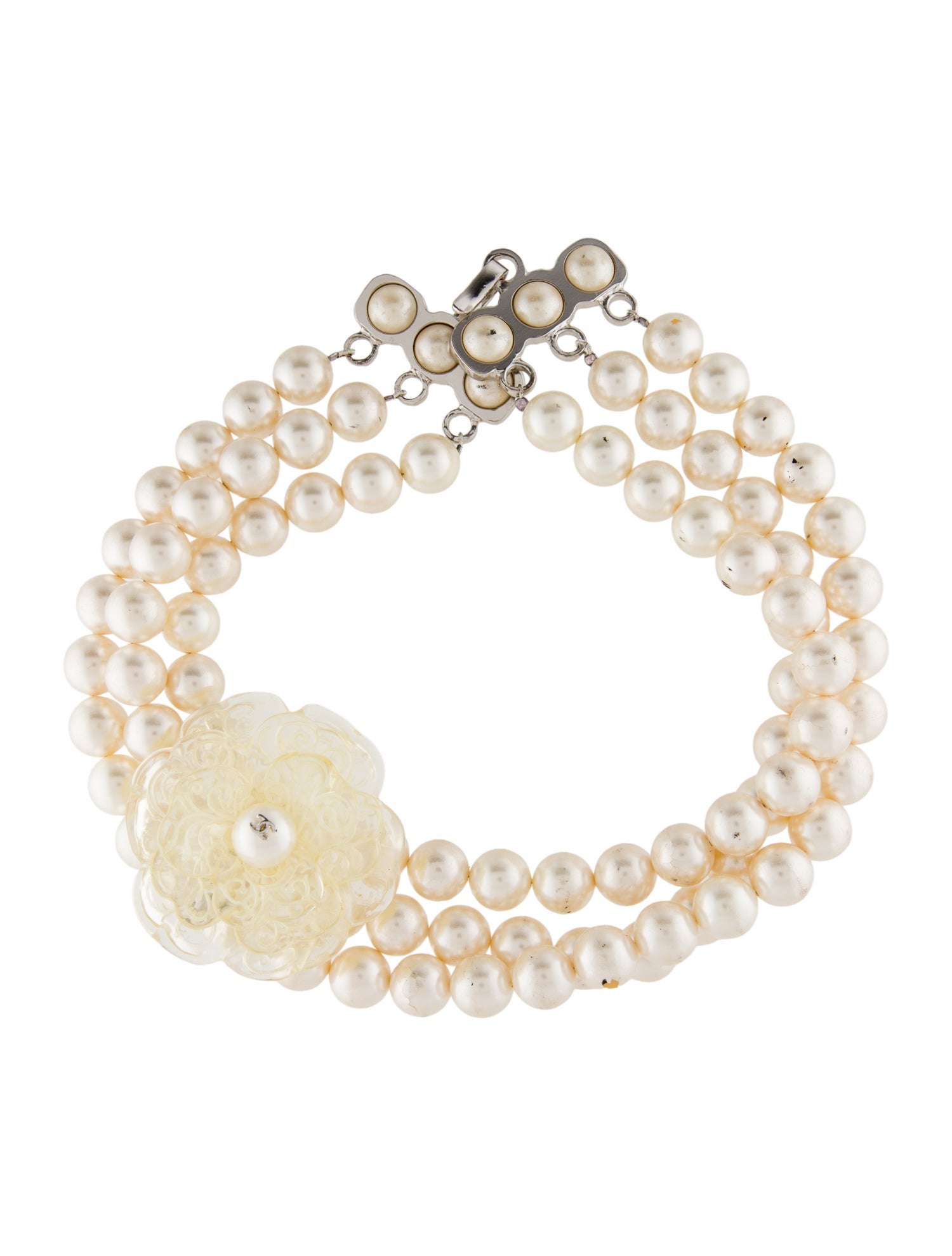 Chanel Faux Pearl & Resin Camellia Multistrand Collar Necklace