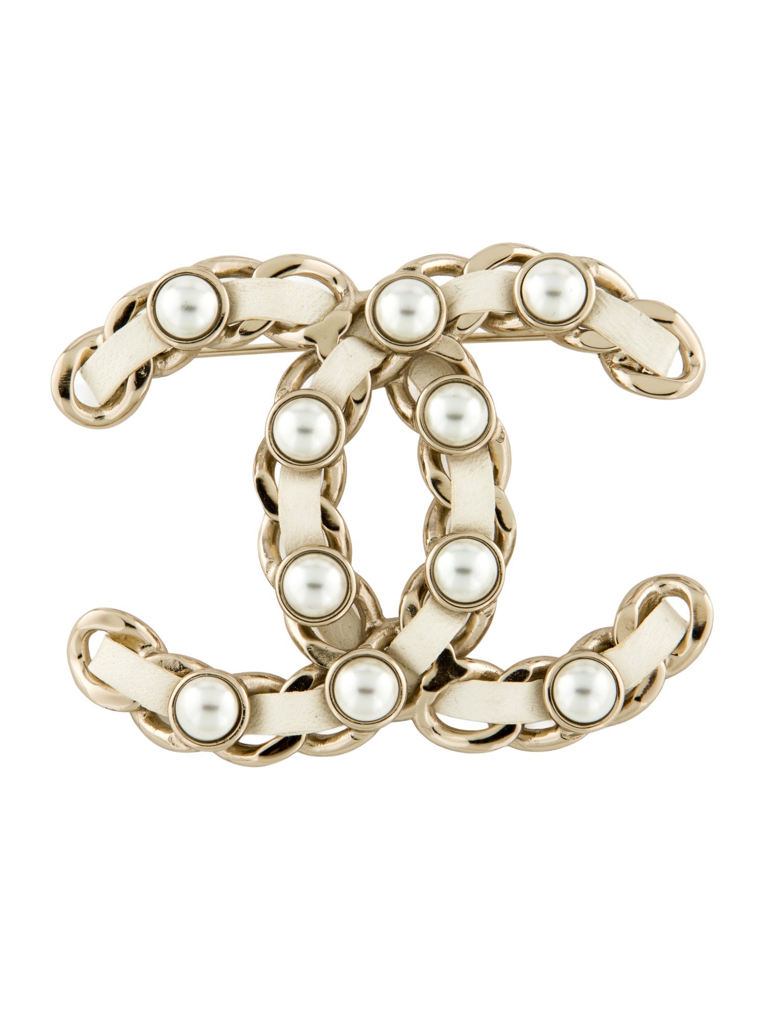 Chanel 2019 Leather & Faux Pearl CC Pin Brooch