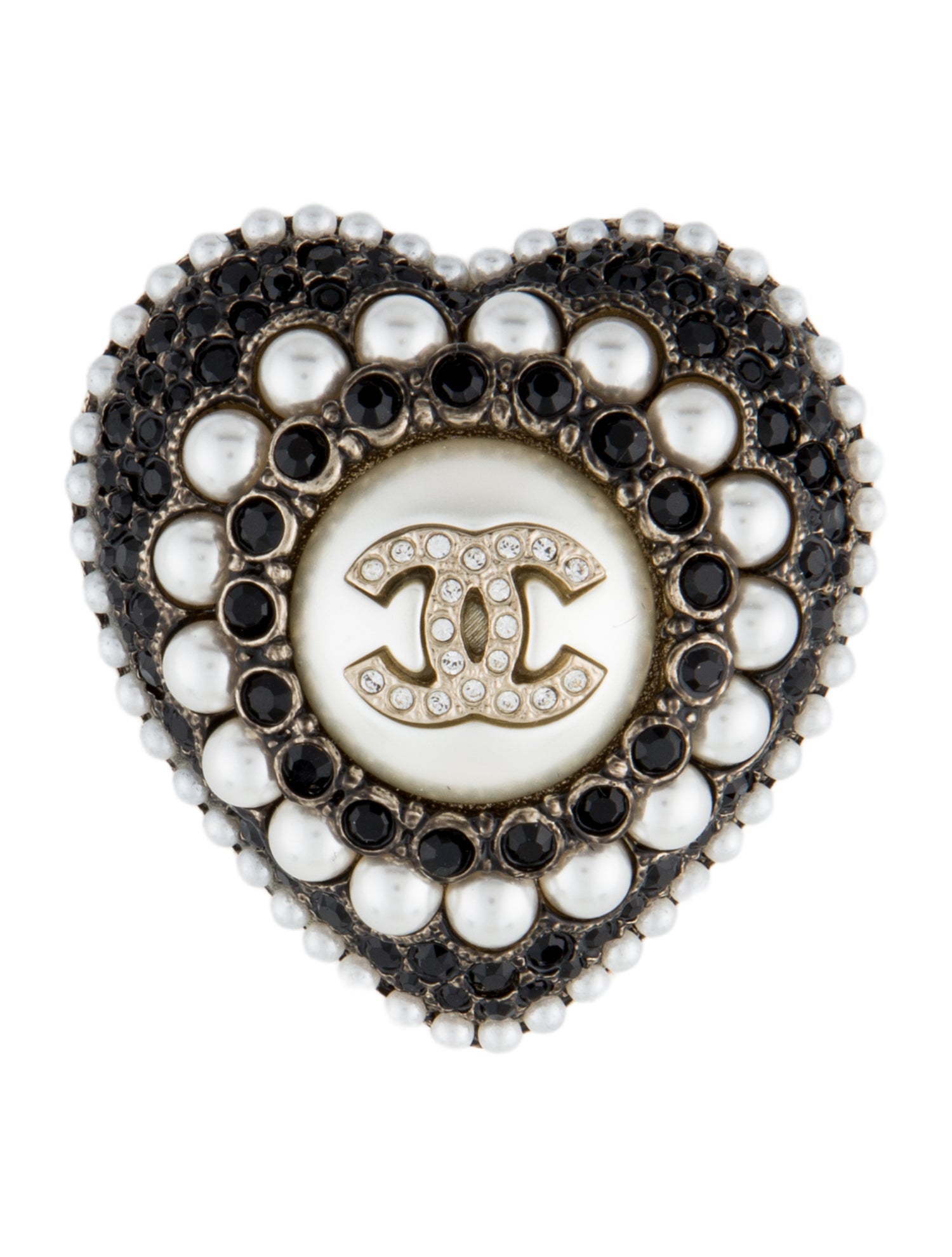 Chanel Faux Pearl & Strass CC Heart Brooch