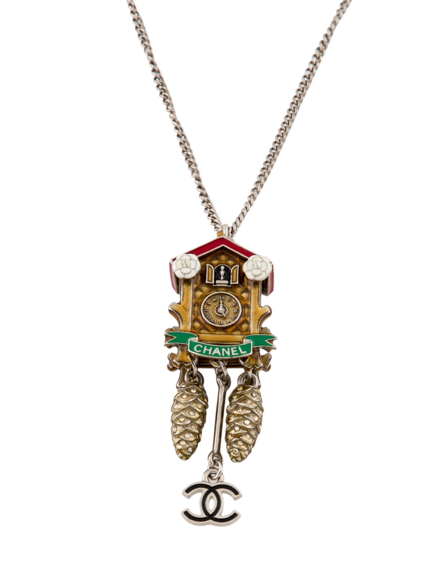 Chanel Strass & Resin Cuckoo Clock Pendant Necklace