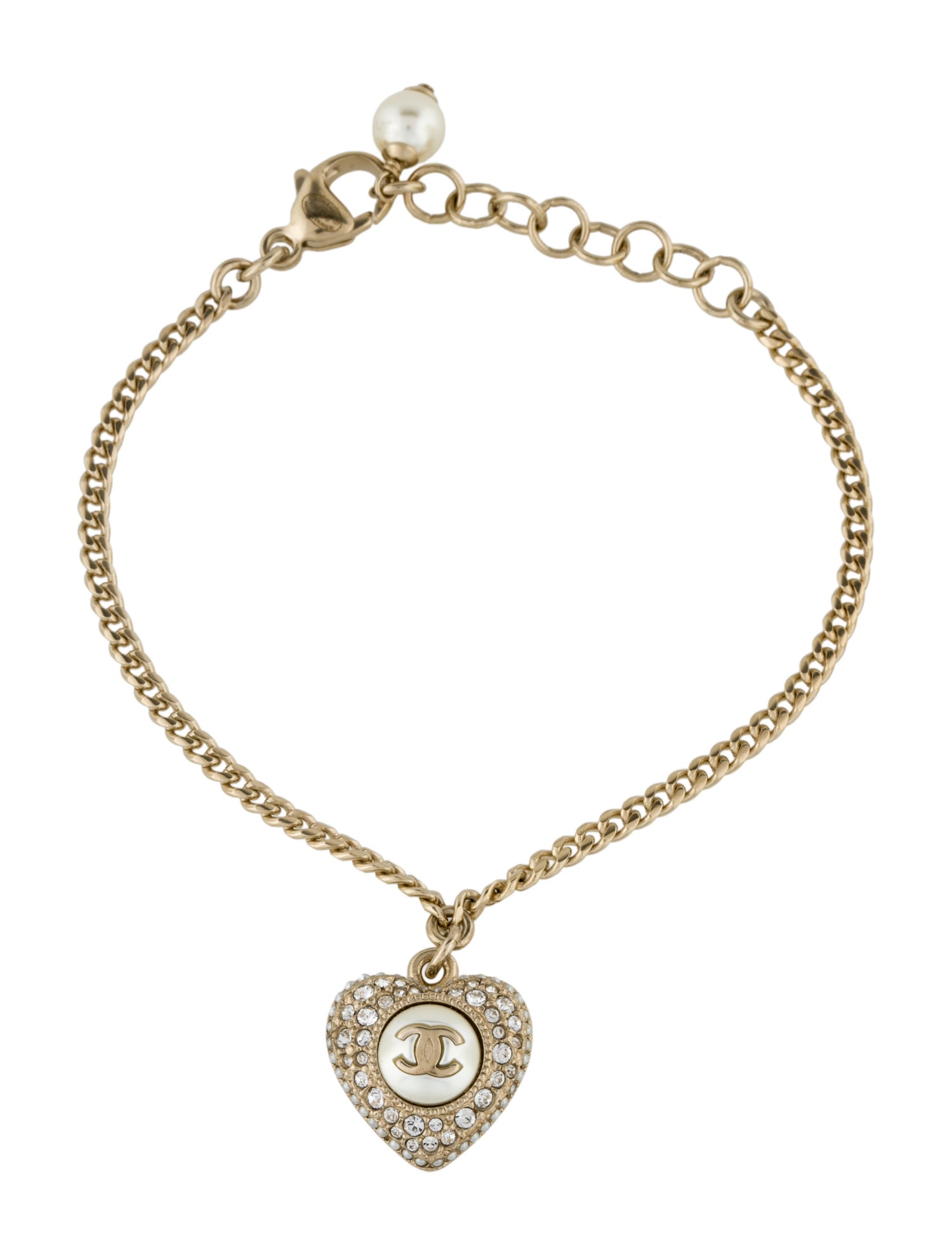 Chanel Faux Pearl & Strass Heart Charm Bracelet