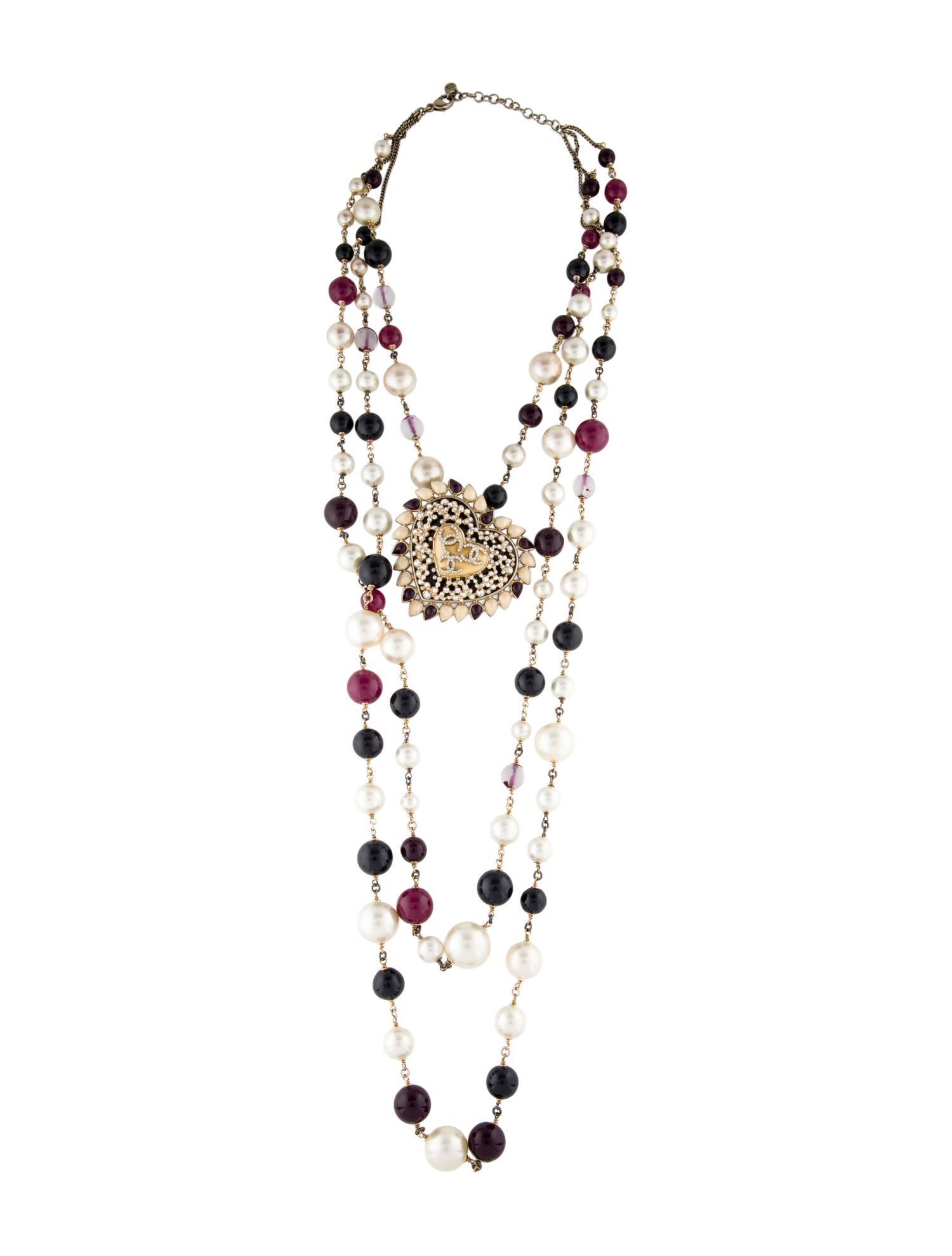 Chanel Faux Pearl, Strass, Resin & Enamel Heart Multistrand Necklace