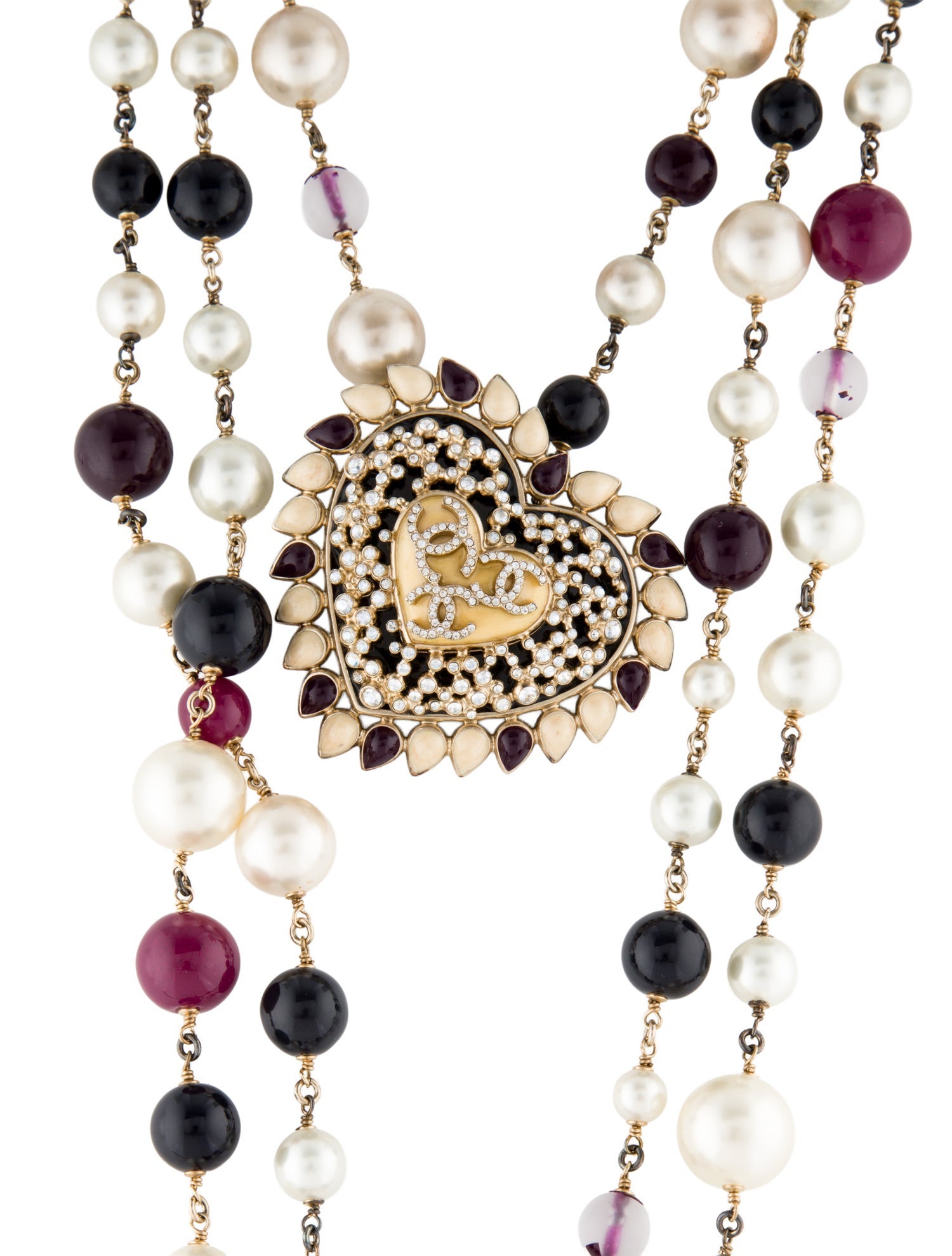 Chanel Faux Pearl, Strass, Resin & Enamel Heart Multistrand Necklace