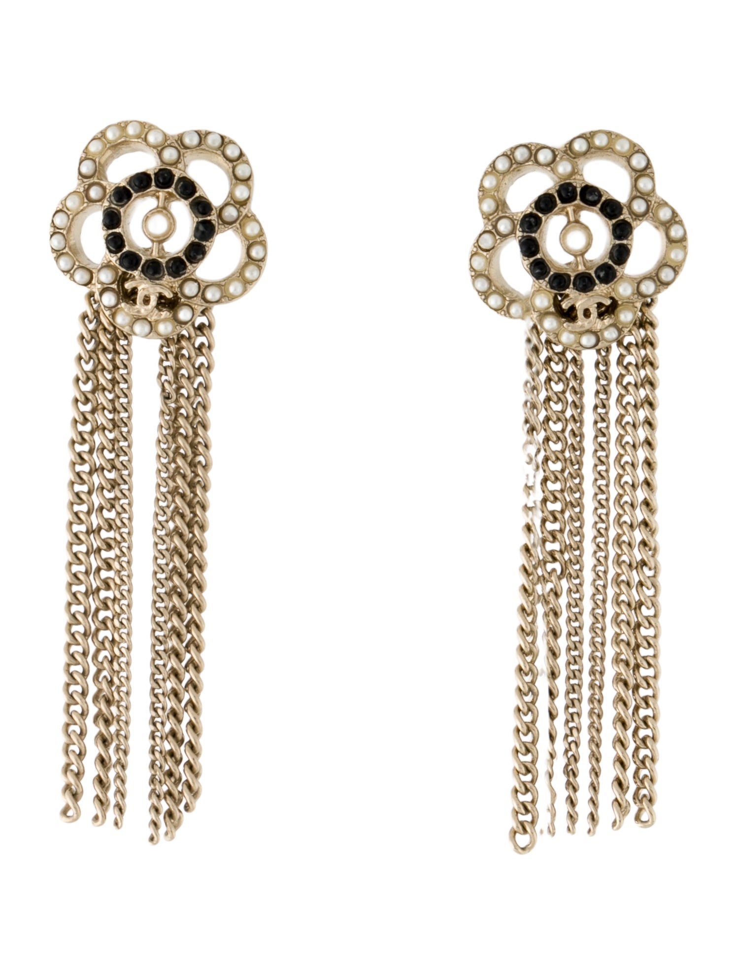 Chanel Faux Pearl & Resin Camelia Flower Tassel Earrings