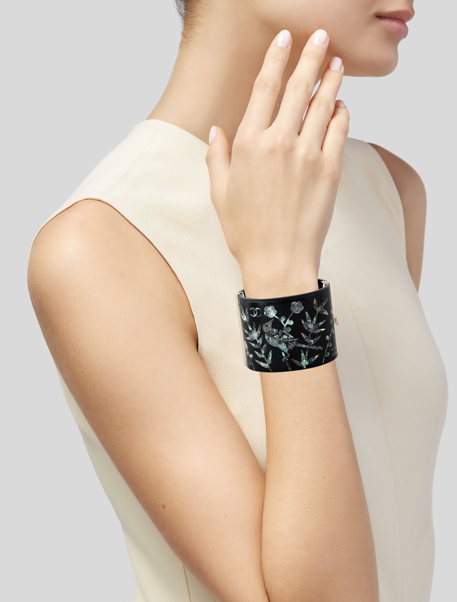 Chanel Mother-Of-Pearl & Resin Hinged Bangle Bracelet