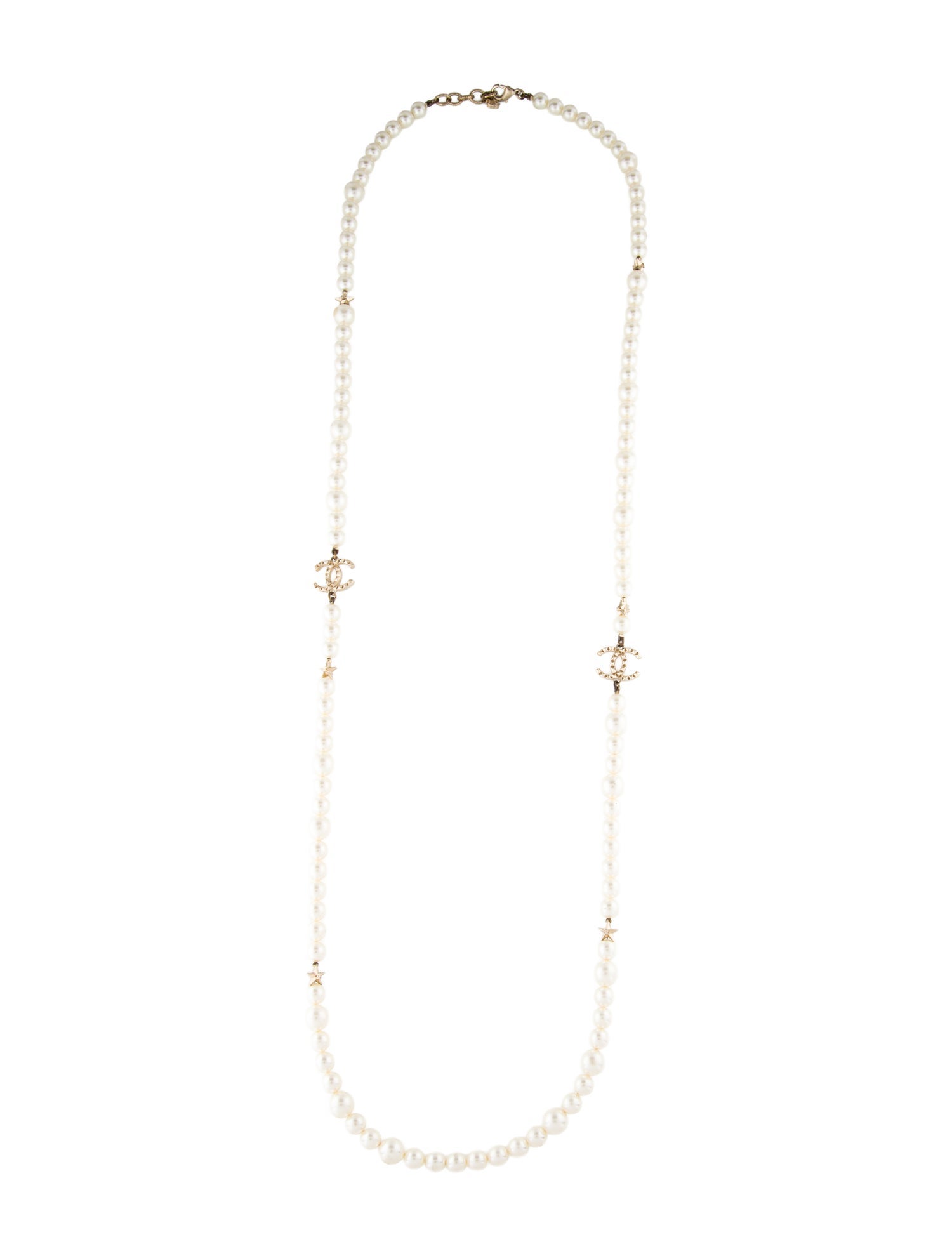 Chanel Faux Pearl CC Star Beaded Station Necklace
