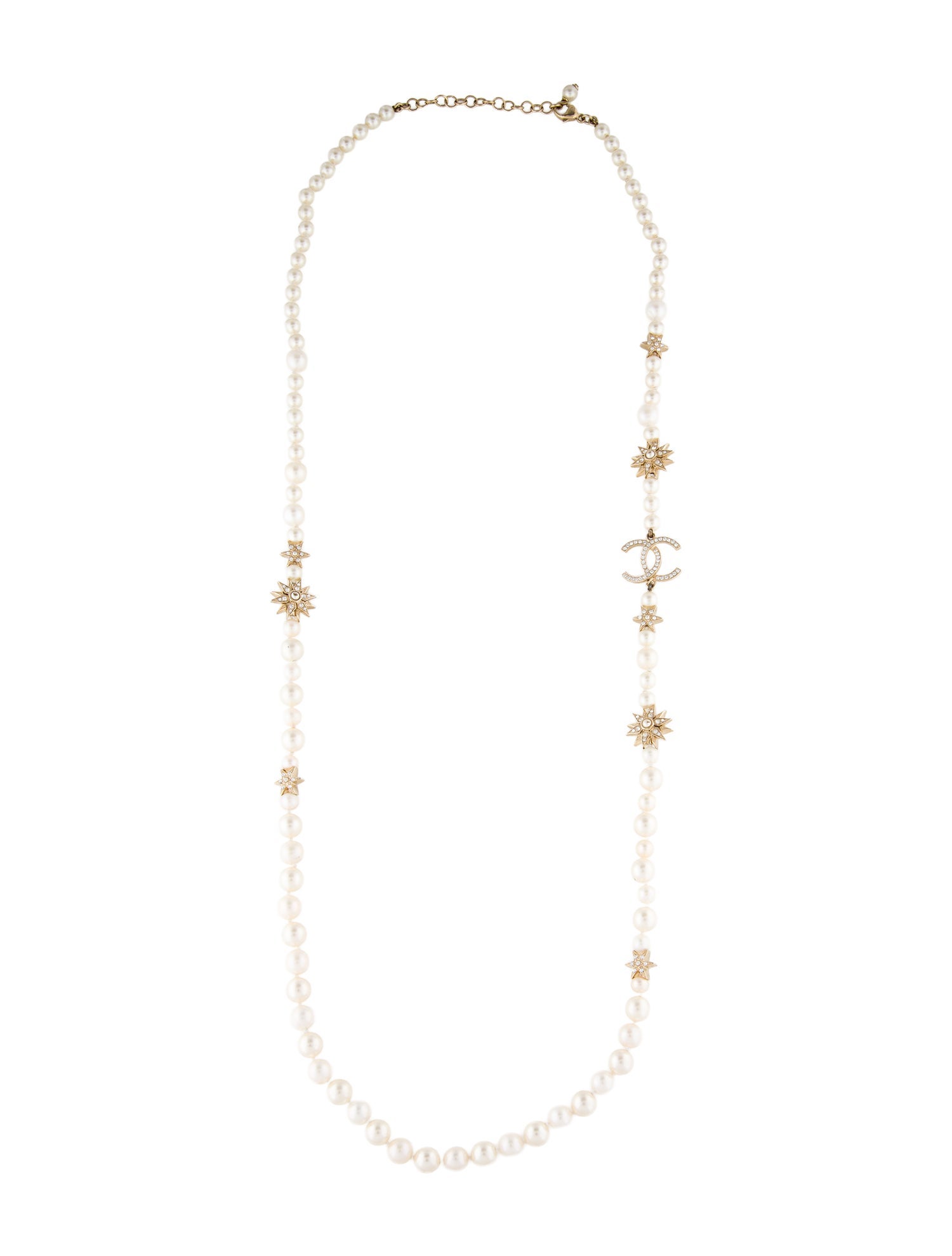 Chanel Faux Pearl & Strass CC Star Bead Strand Necklace