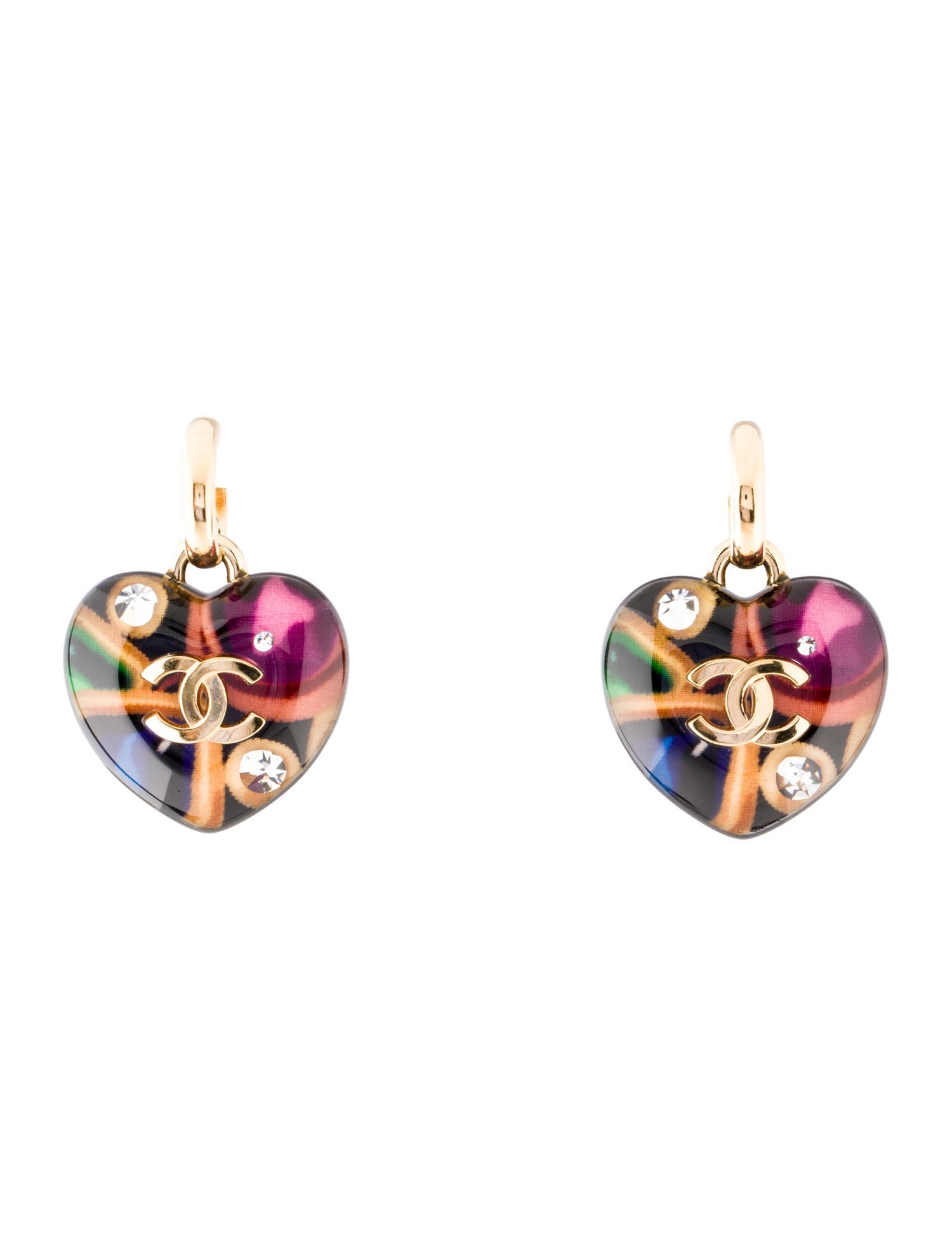 Chanel 2024 Resin, Silk & Strass Heart Drop Earrings
