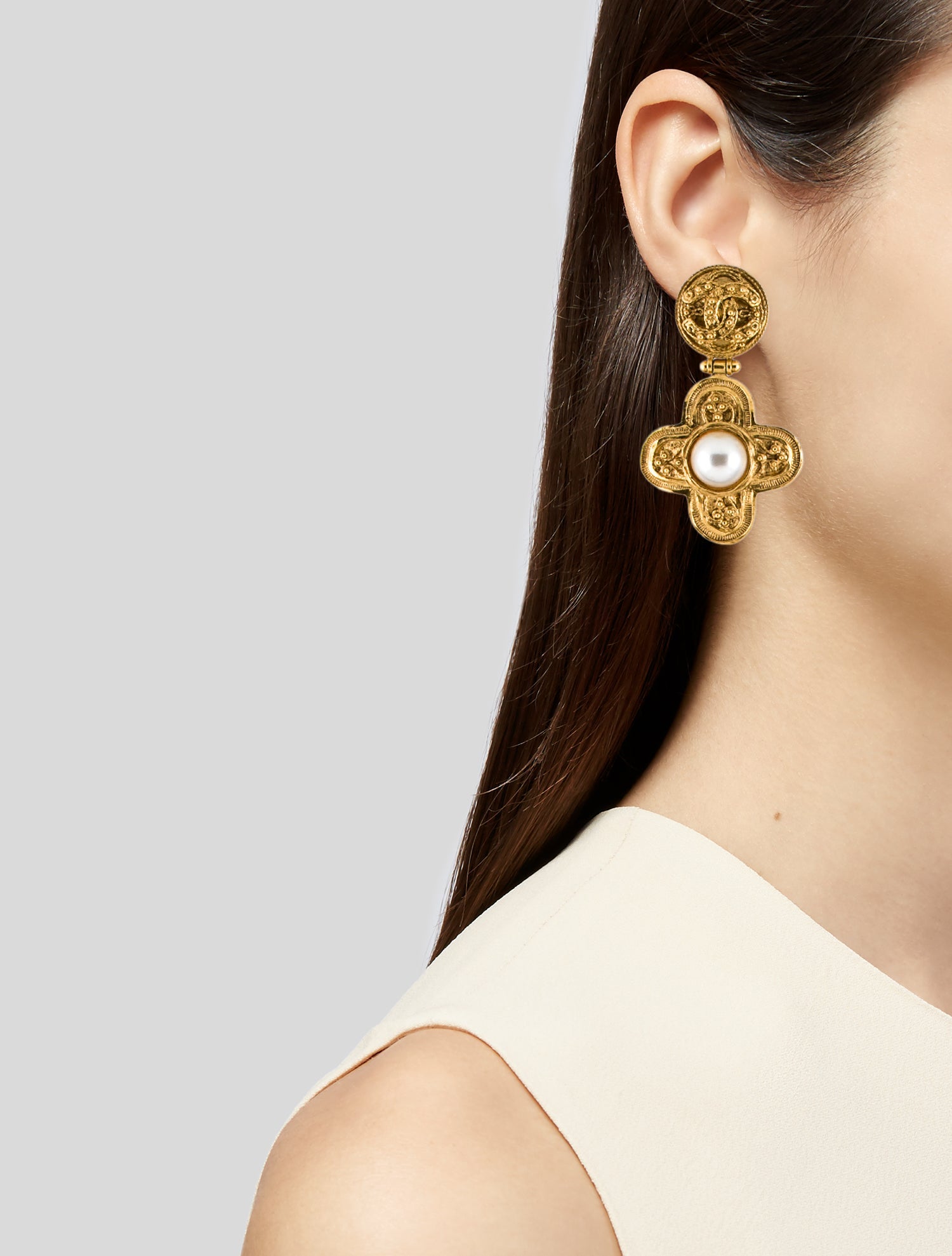 Chanel Vintage Faux Pearl CC Cross Earrings