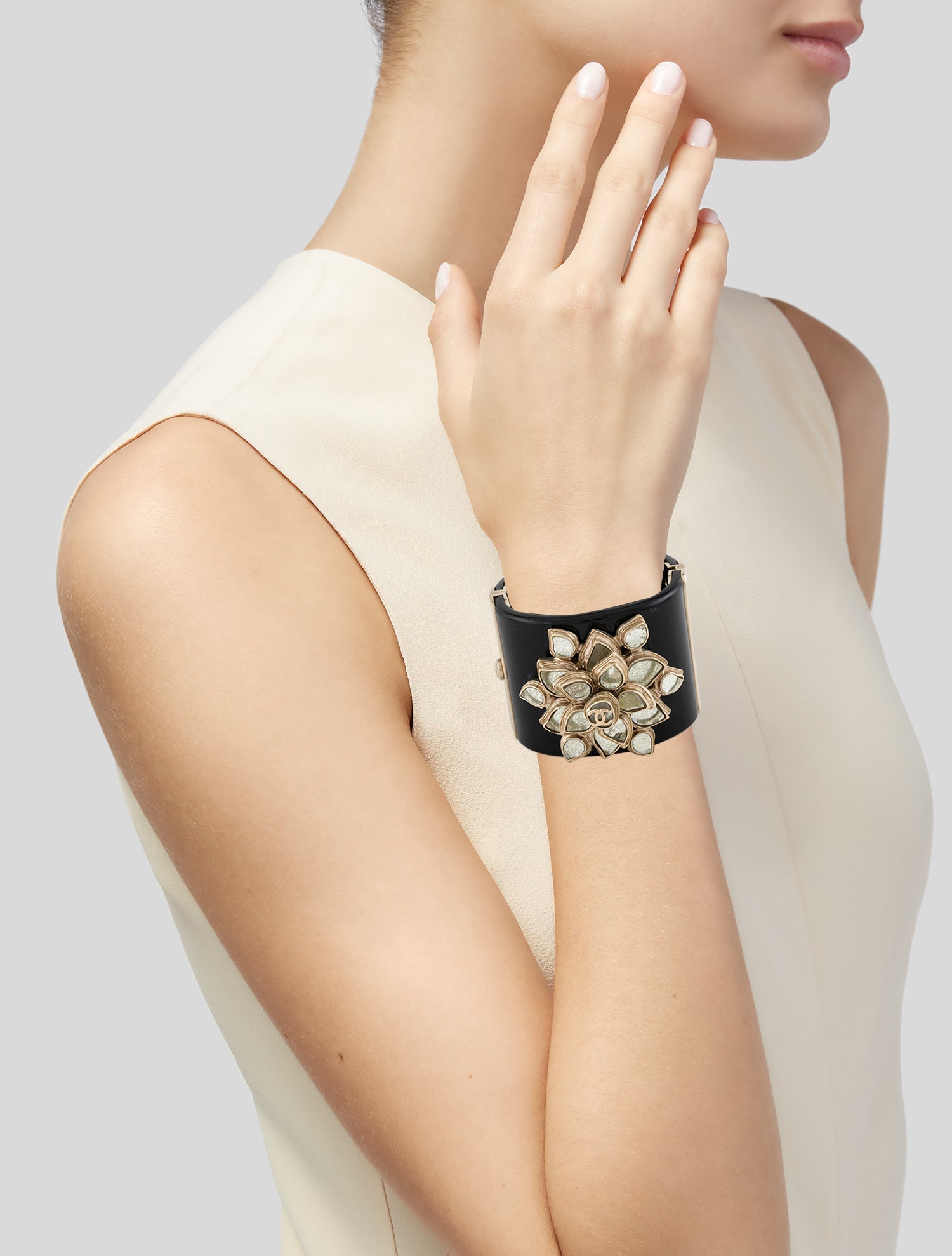 Chanel Resin & Gripoix CC Camellia Cuff Bracelet