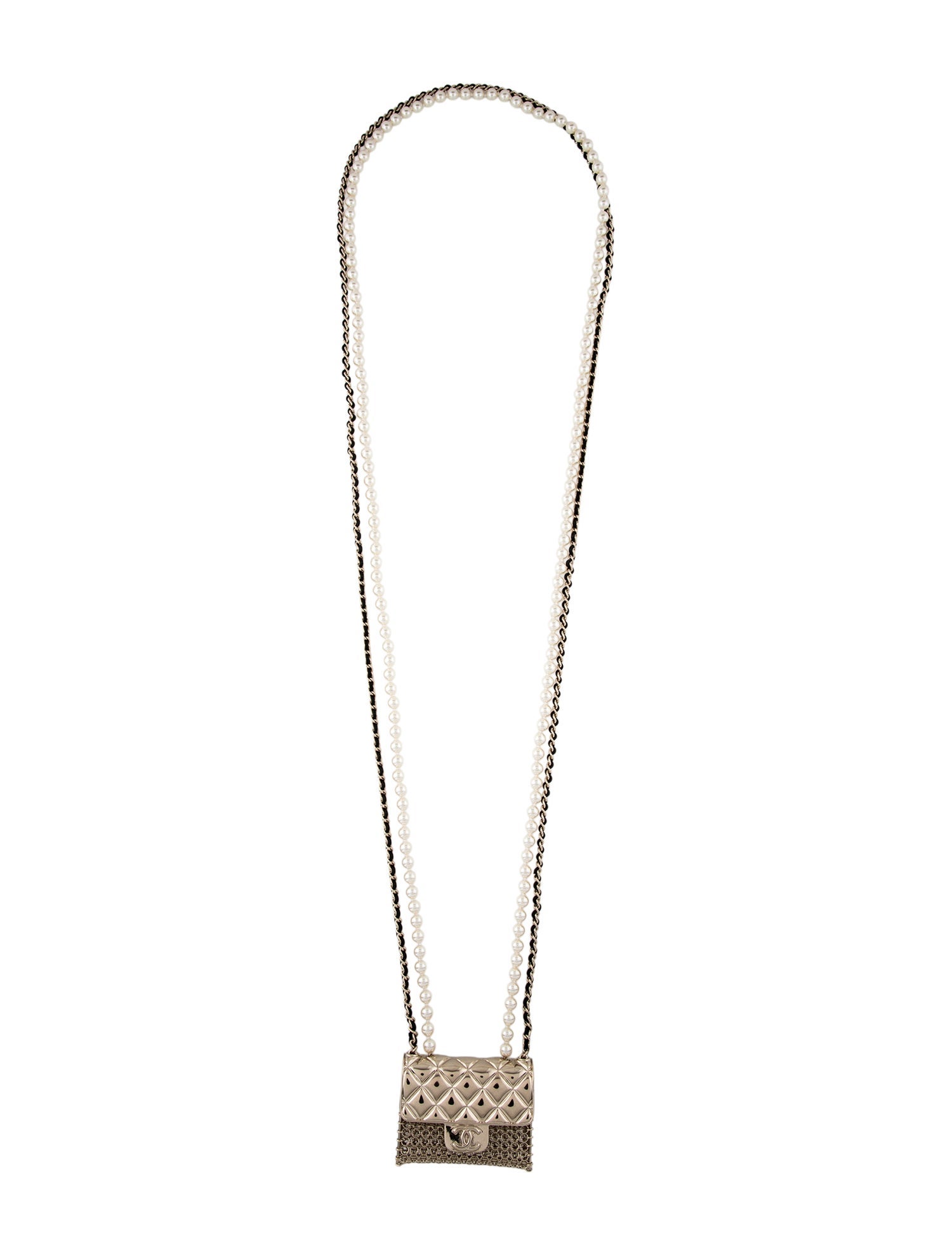 Chanel Faux Pearl & Leather Purse Pendant Necklace