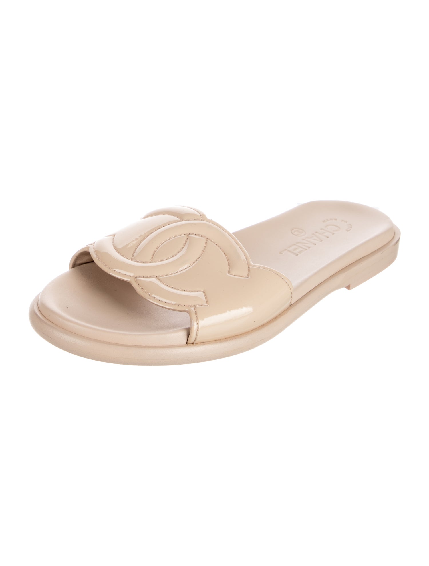 Chanel Interlocking CC Logo Patent Leather Slides
