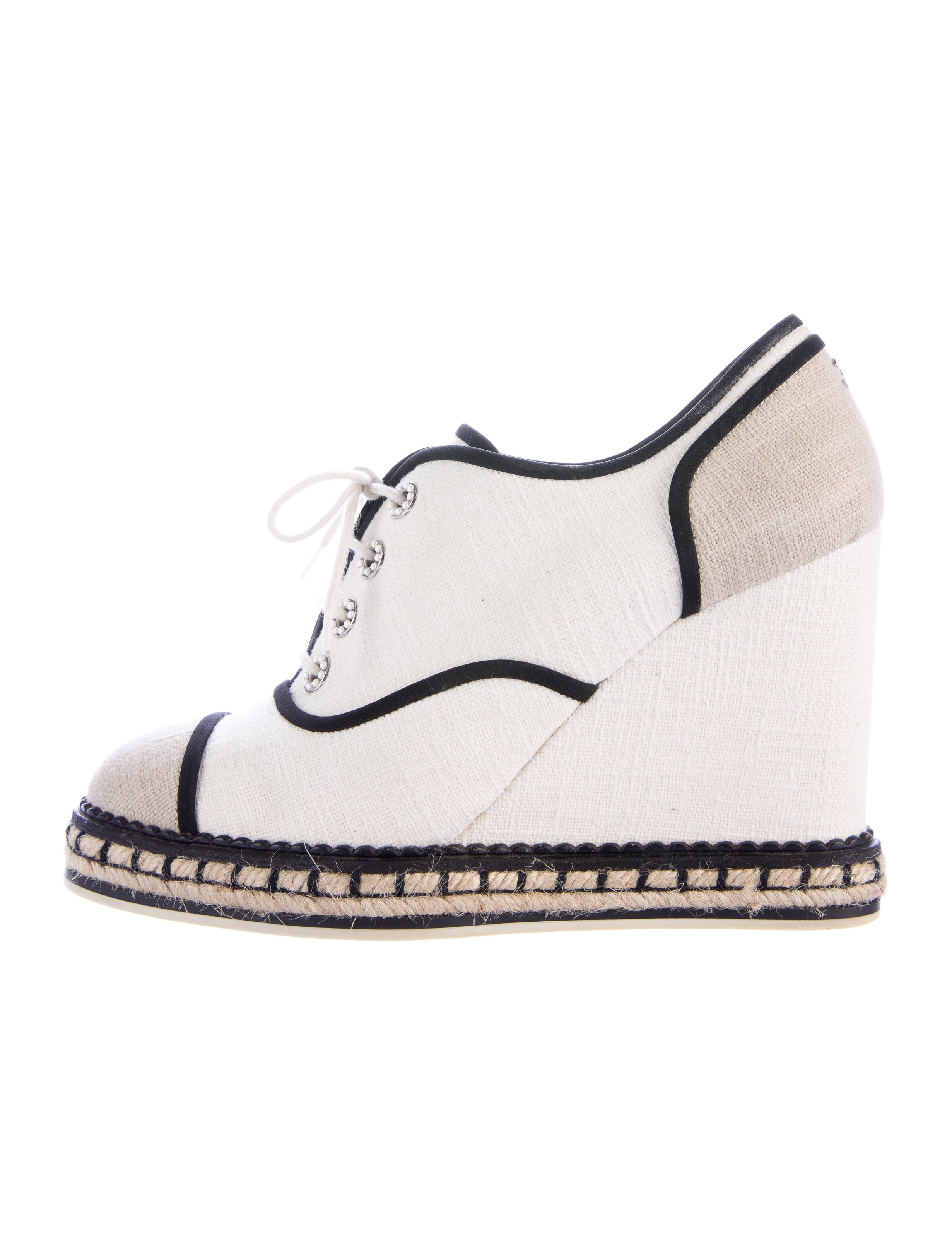 Chanel Canvas Wedge Lace Up Shoes For Sale Chanel Canvas Wedge Lace Up Shoes For Sale