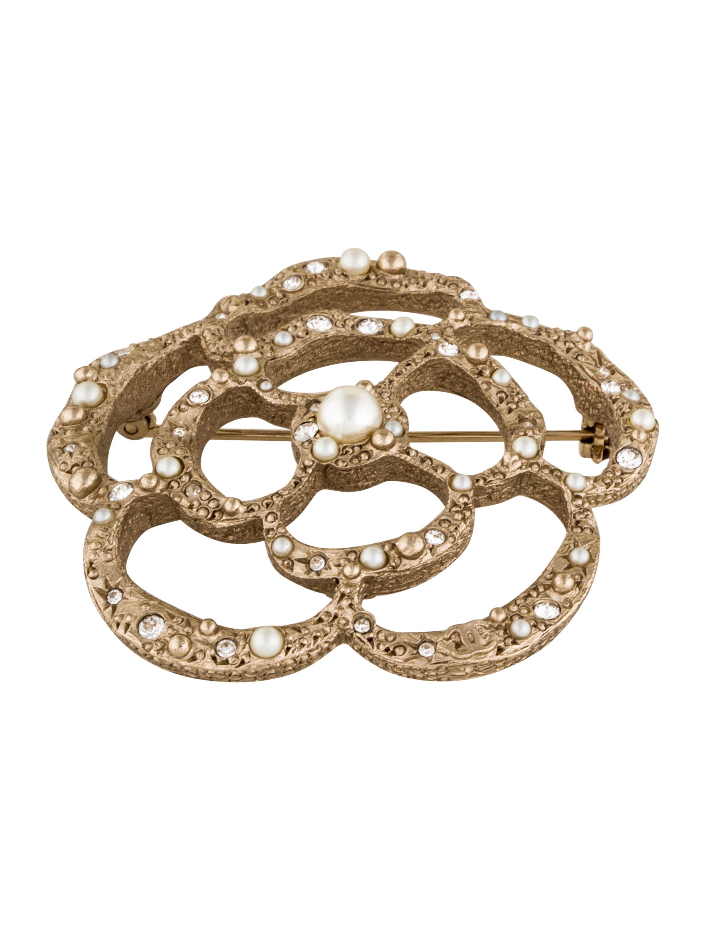 Chanel Faux Pearl & Crystal Camellia Openwork Brooch Brooches
