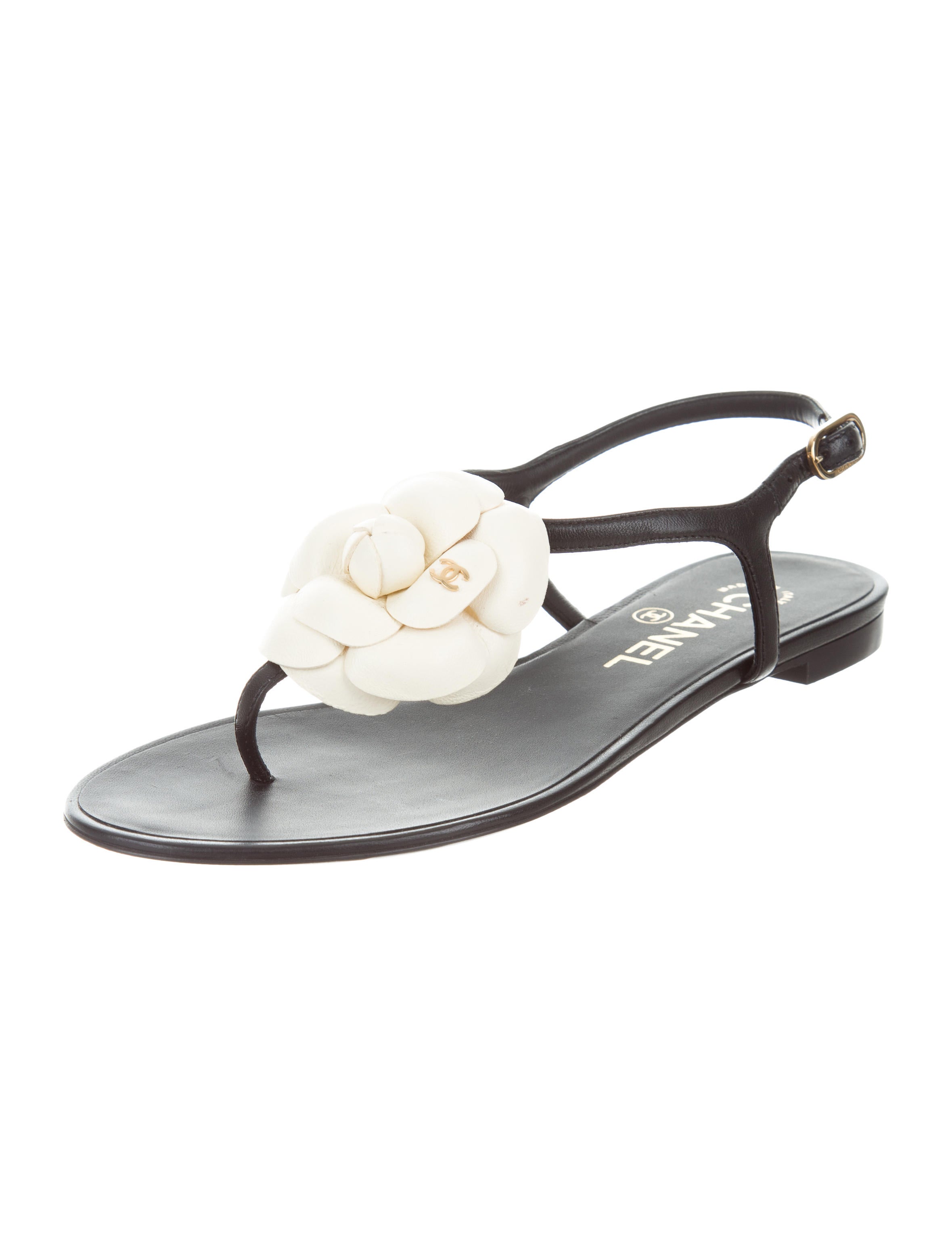 Chanel White 18c Leather Gold Cc Camellia Ankle Strap Thong Flat 41c Sandals Wide (C, D) Listed 