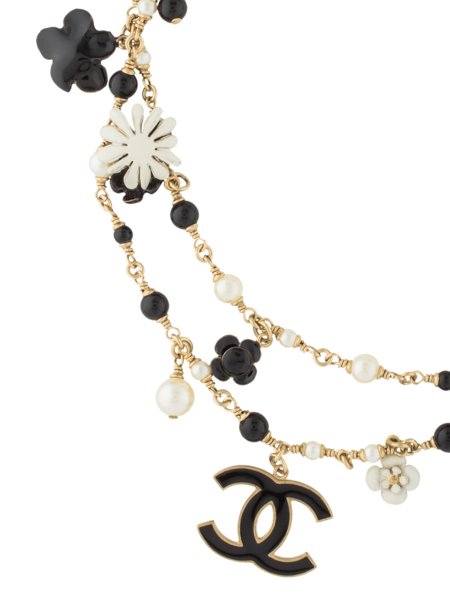 Chanel Faux Pearl Camellia Long Bead Necklace GoldTone Metal Bead