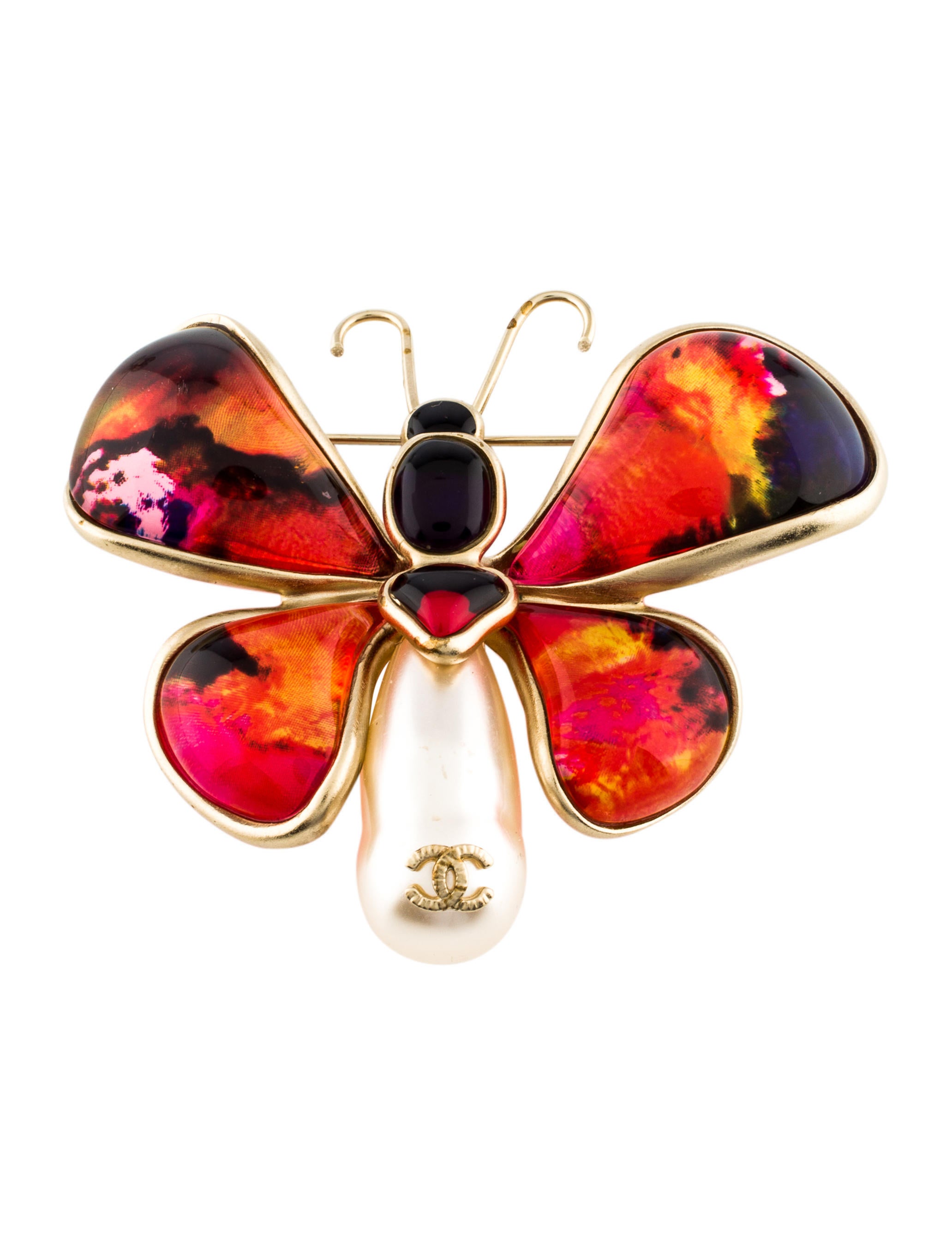 Chanel Resin & Faux Pearl CC Butterfly Brooch GoldTone Metal Pin