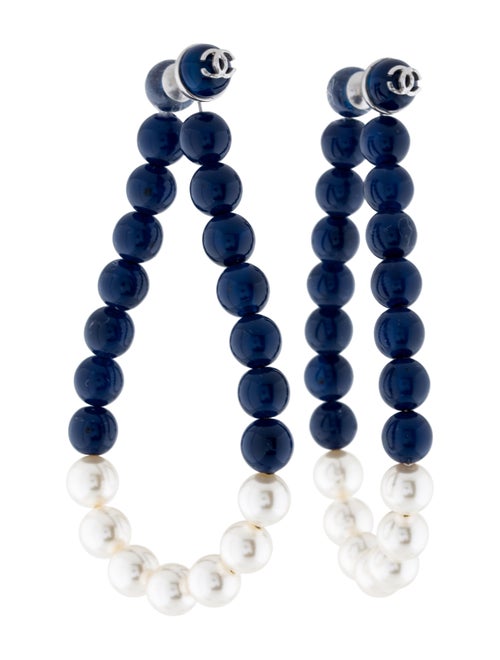 Chanel Faux Pearl & Resin Beaded Hoop Earrings Sil