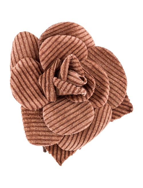 Chanel Corduroy Camellia Brooch Pin Gold