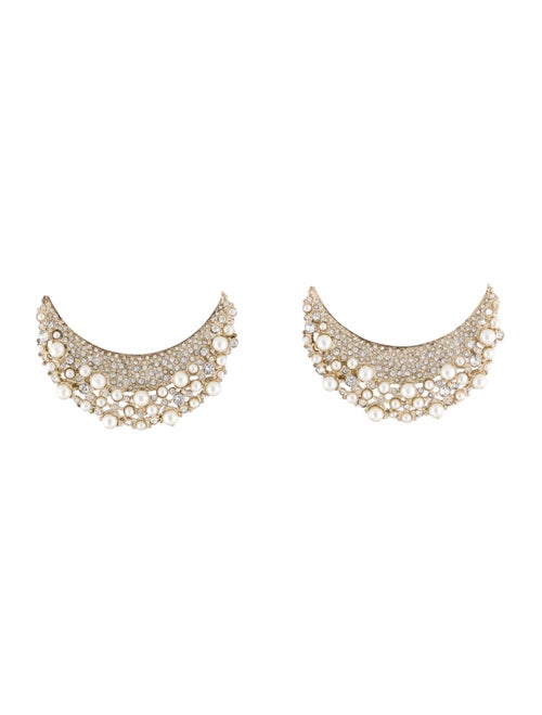 Chanel Strass & Faux Pearl Moon Earrings Gold