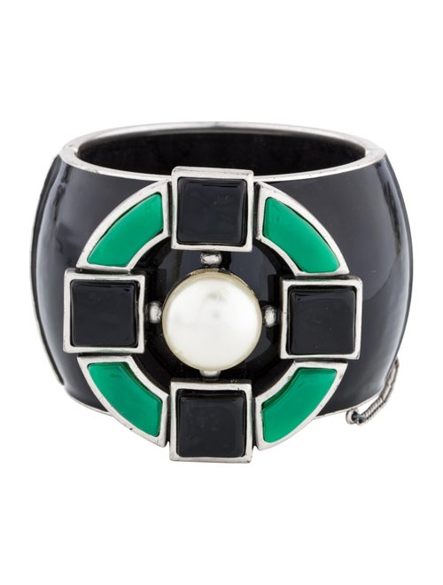 Chanel Resin & Faux Pearl CC Hinged Bangle Silver