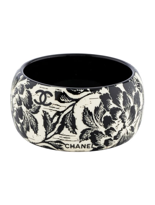 Chanel Resin Carved Floral Bangle Silver