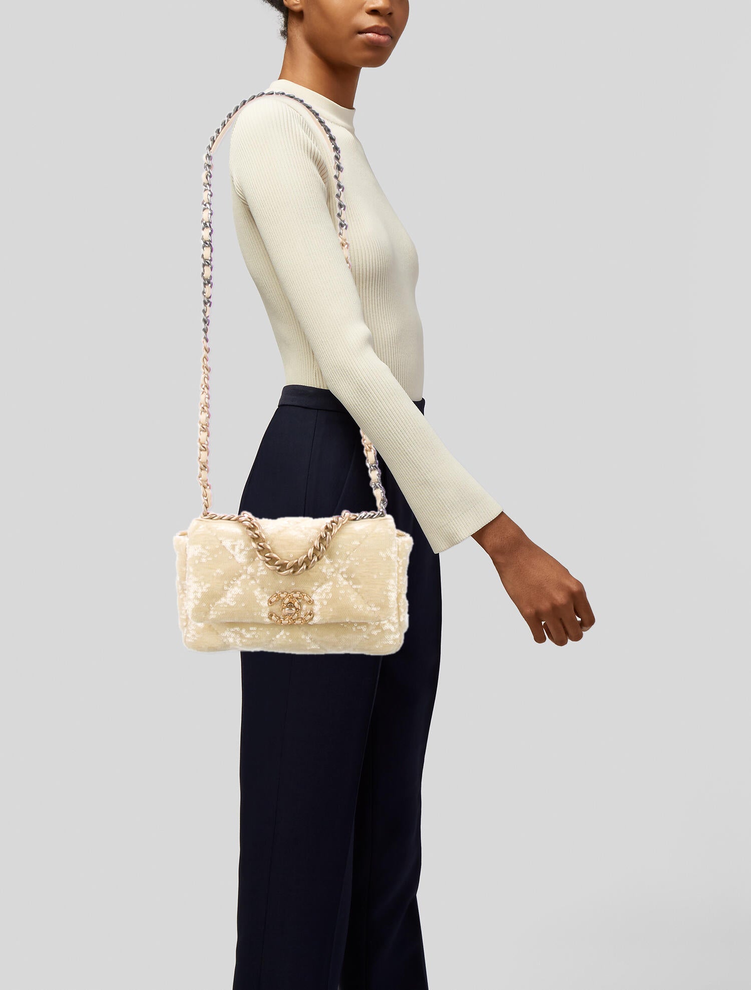 Chanel 2021 Medium 19 Sequin Flap Bag - Yellow Shoulder Bags