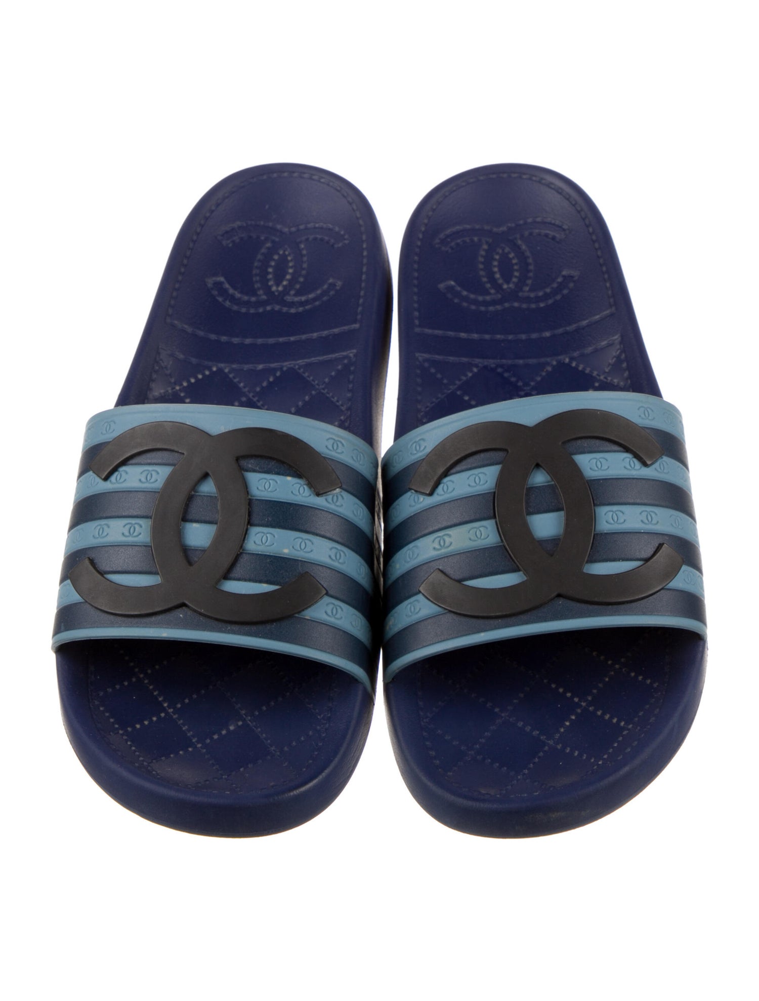 Chanel 2018 CC Stripe Slide Slides Blue Sandals, Shoes CHA590874