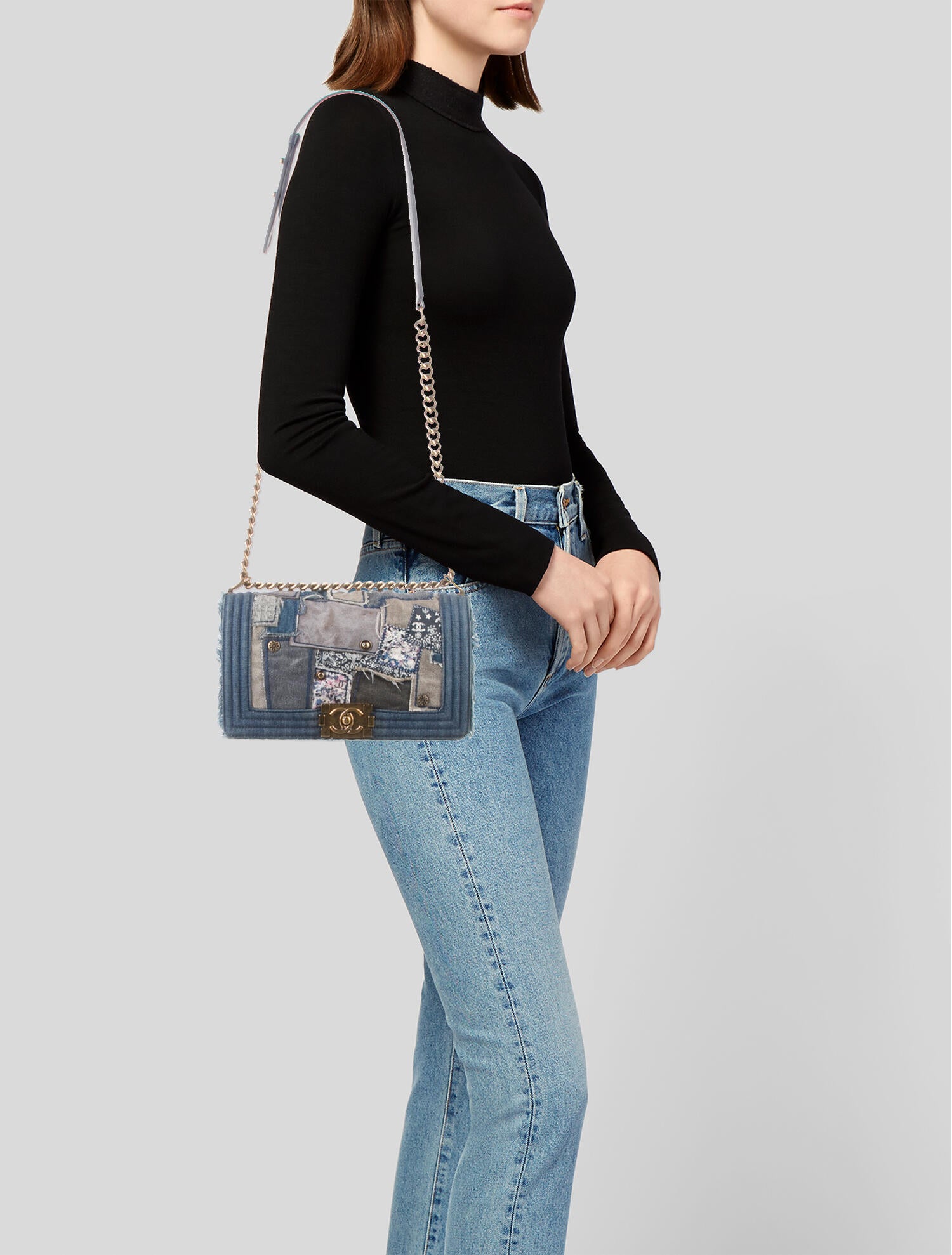 chanel denim patchwork bolsa