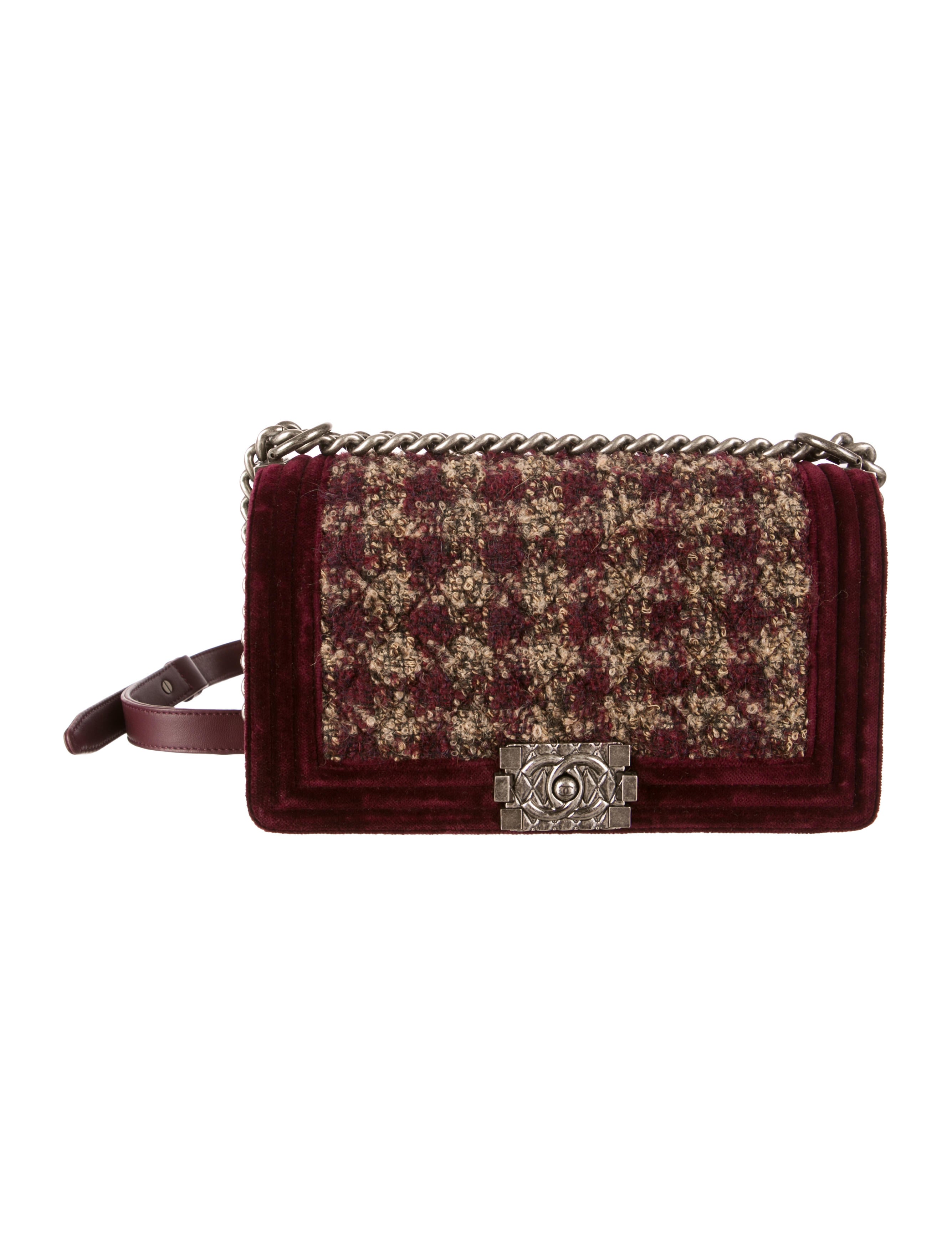 Chanel ParisEdinburgh Medium Tweed Boy Flap Burgundy Shoulder Bags
