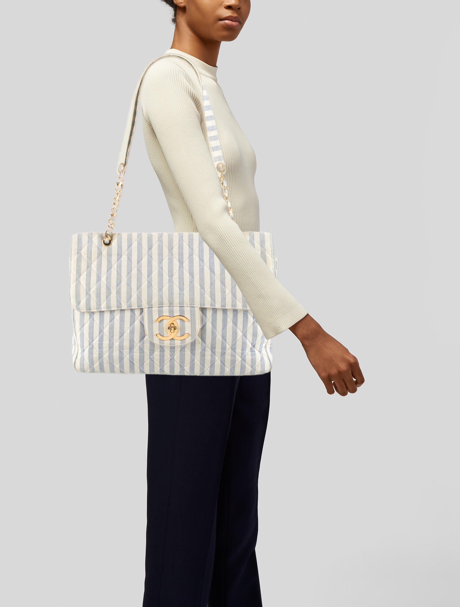Chanel Vintage Maxi Striped Canvas Flap Bag - Blue Shoulder Bags