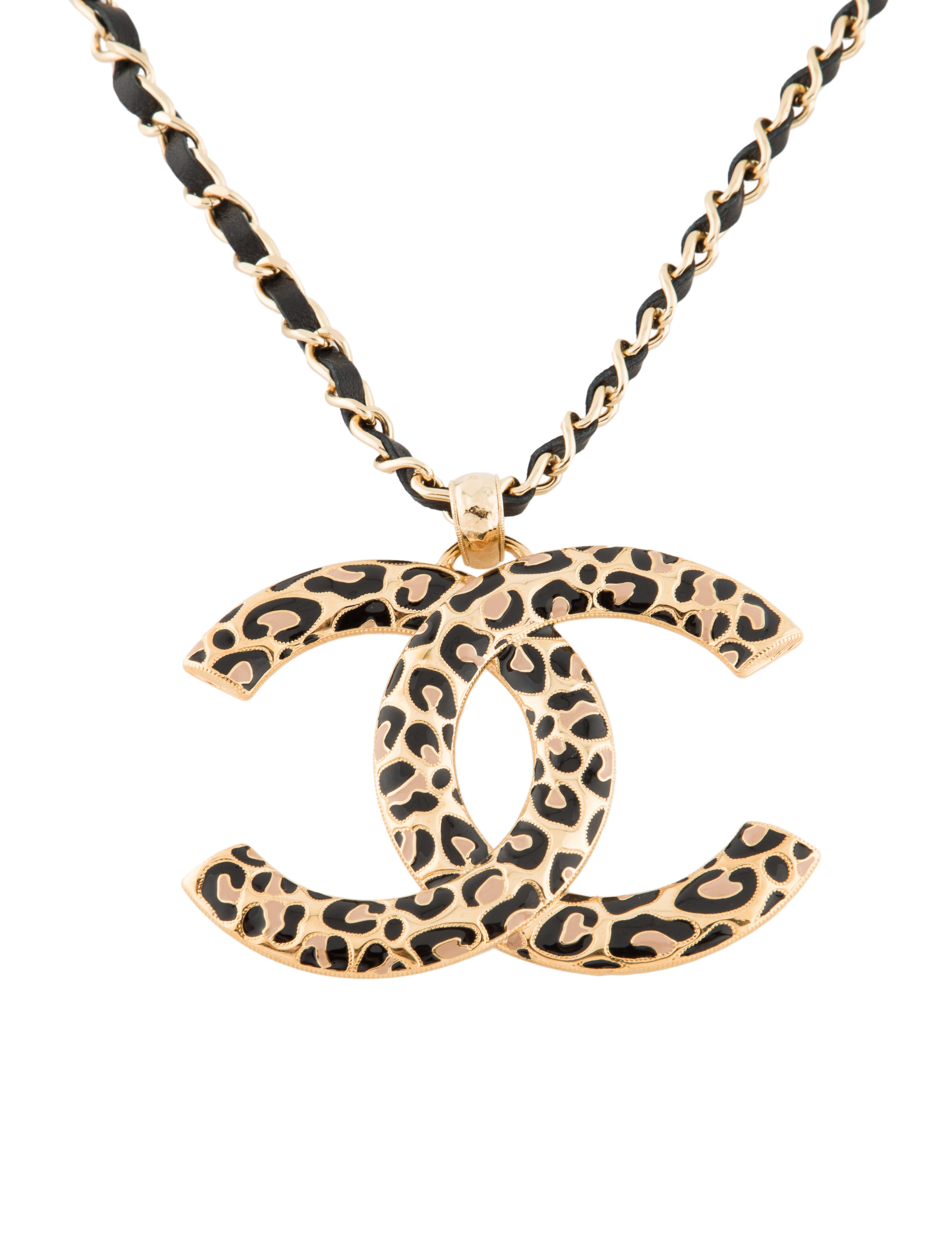 Chanel 2022 Leather & Enamel CC Leopard Print Pendant Necklace