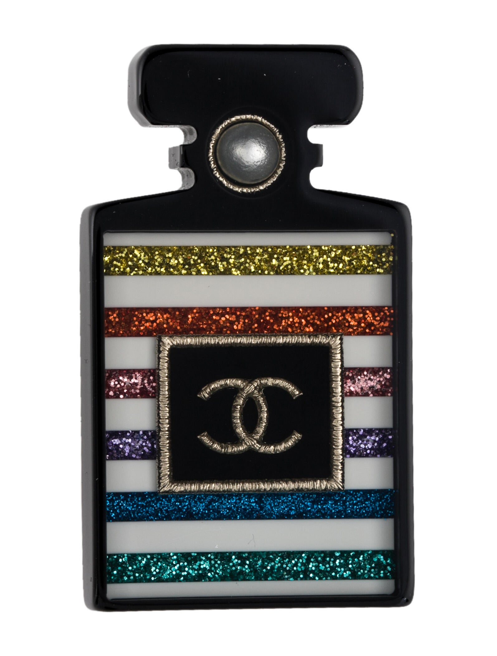 Chanel 2019 Faux Pearl, Resin & Glitter CC Perfume Bottle Pin Brooch