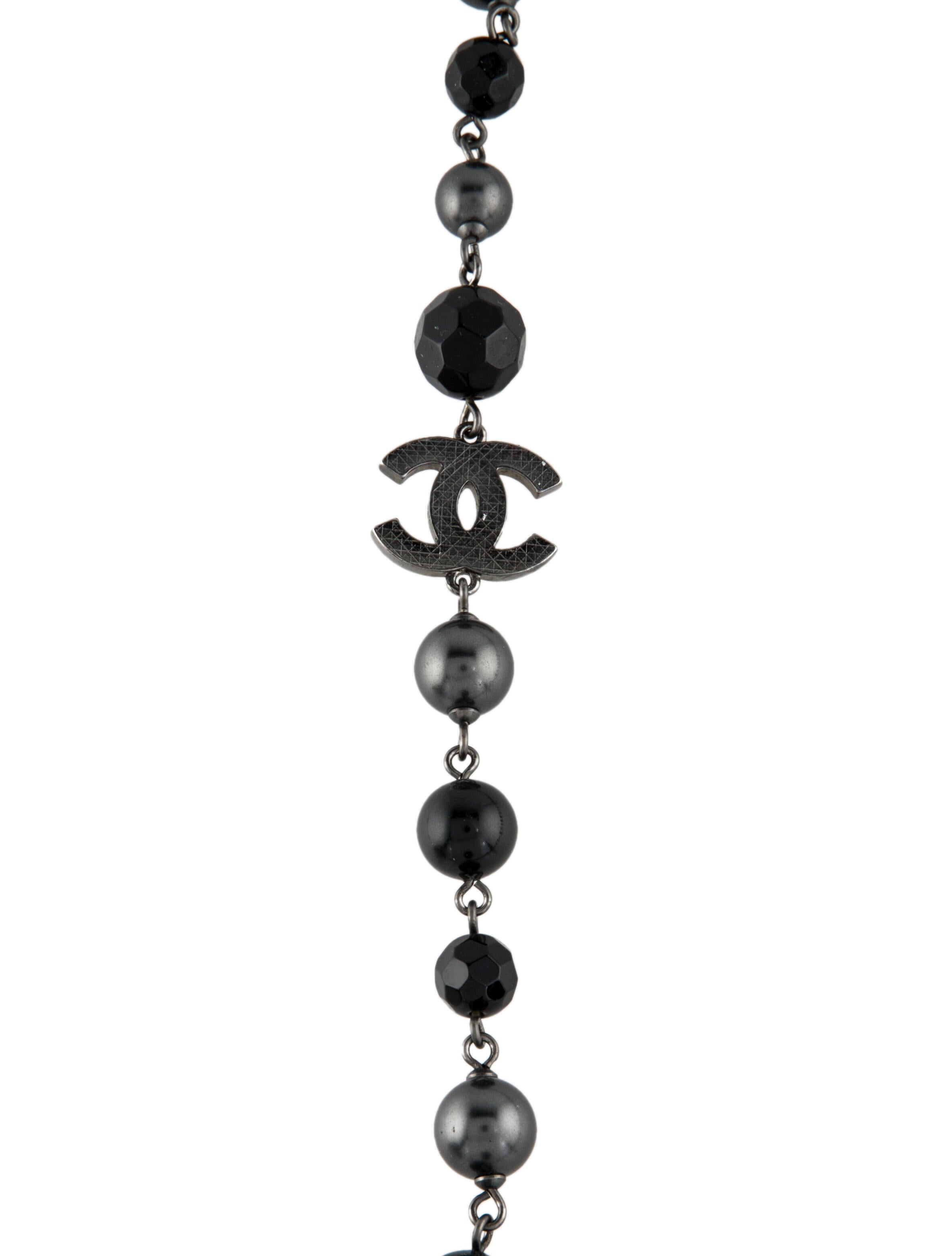 Chanel Faux Pearl & Glass CC Station Necklace Black, RutheniumPlated