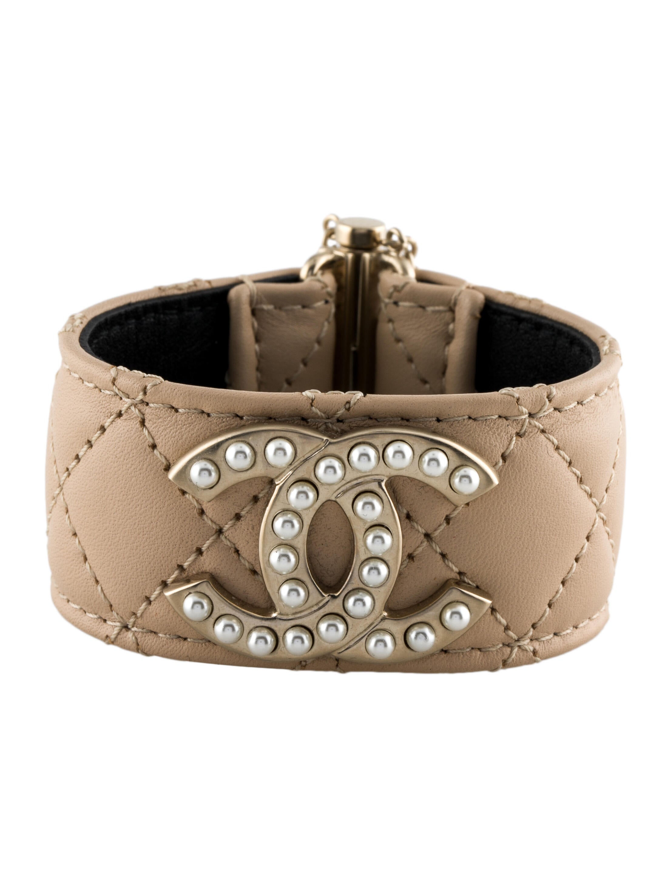 Chanel Leather & Faux Pearl CC Quilted Bracelet GoldTone Metal Wrap