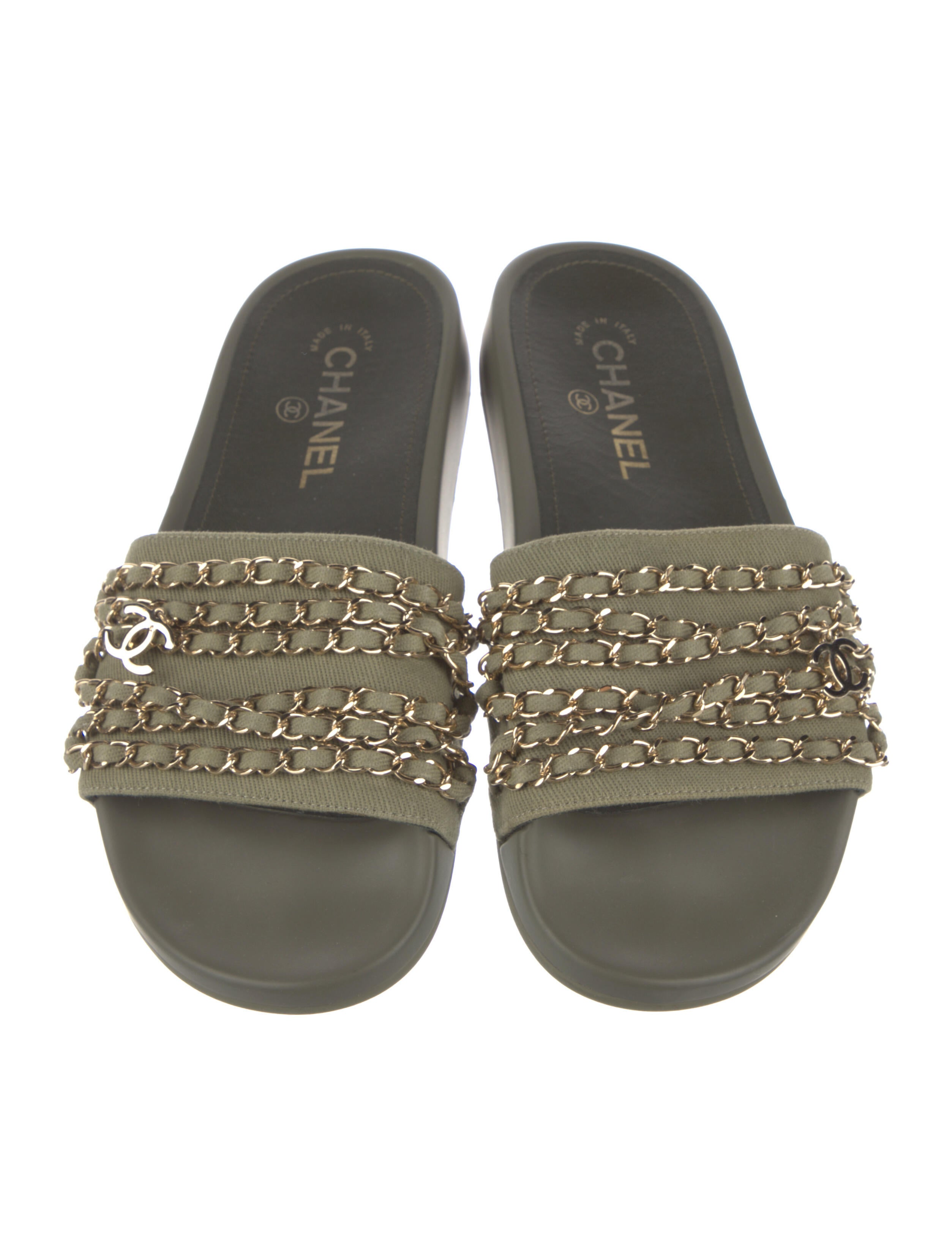 Chanel Interlocking CC Logo ChainLink Accents Slides Green Sandals