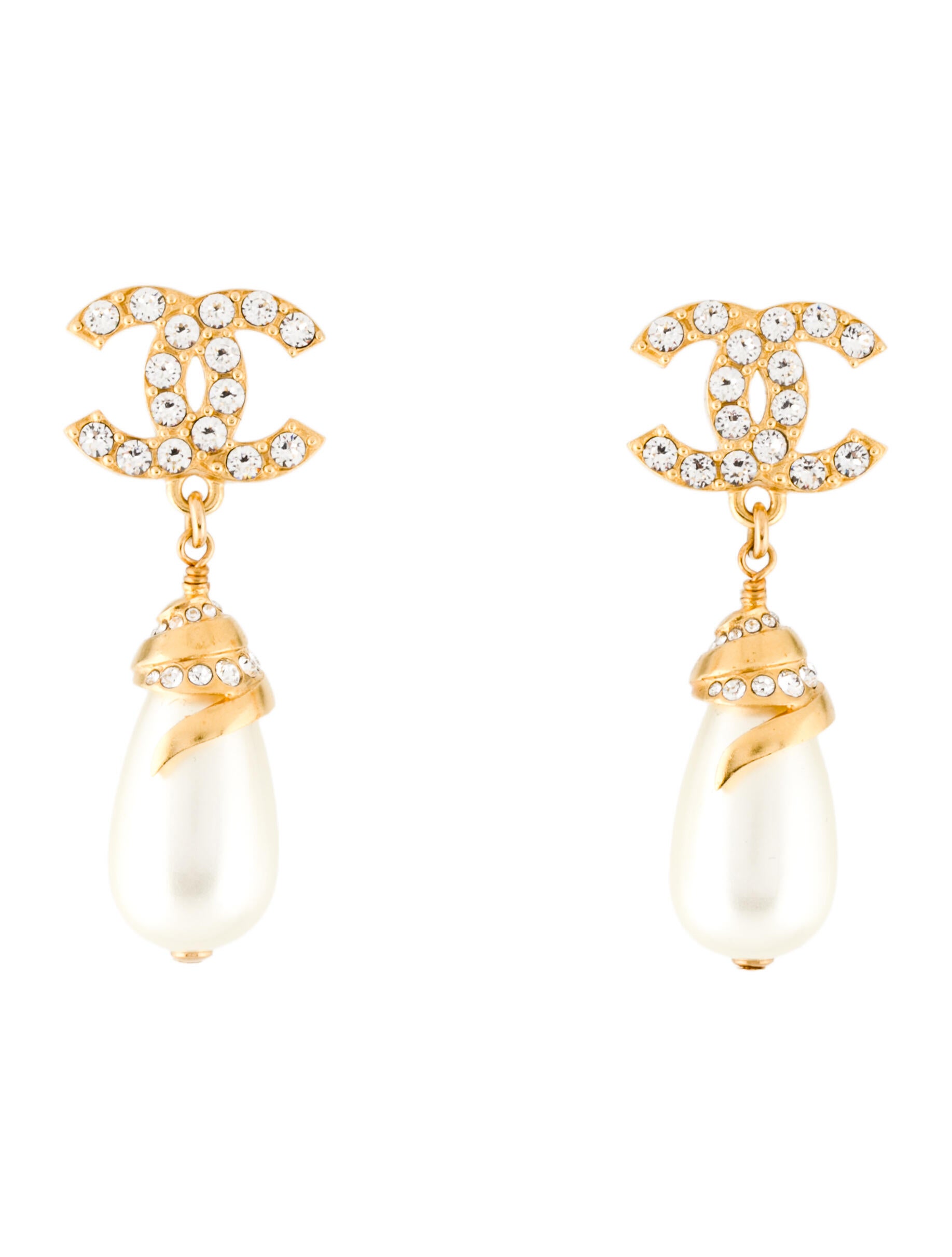 Chanel 2022 Strass CC and Faux Pearl Drop Earrings GoldPlated Drop