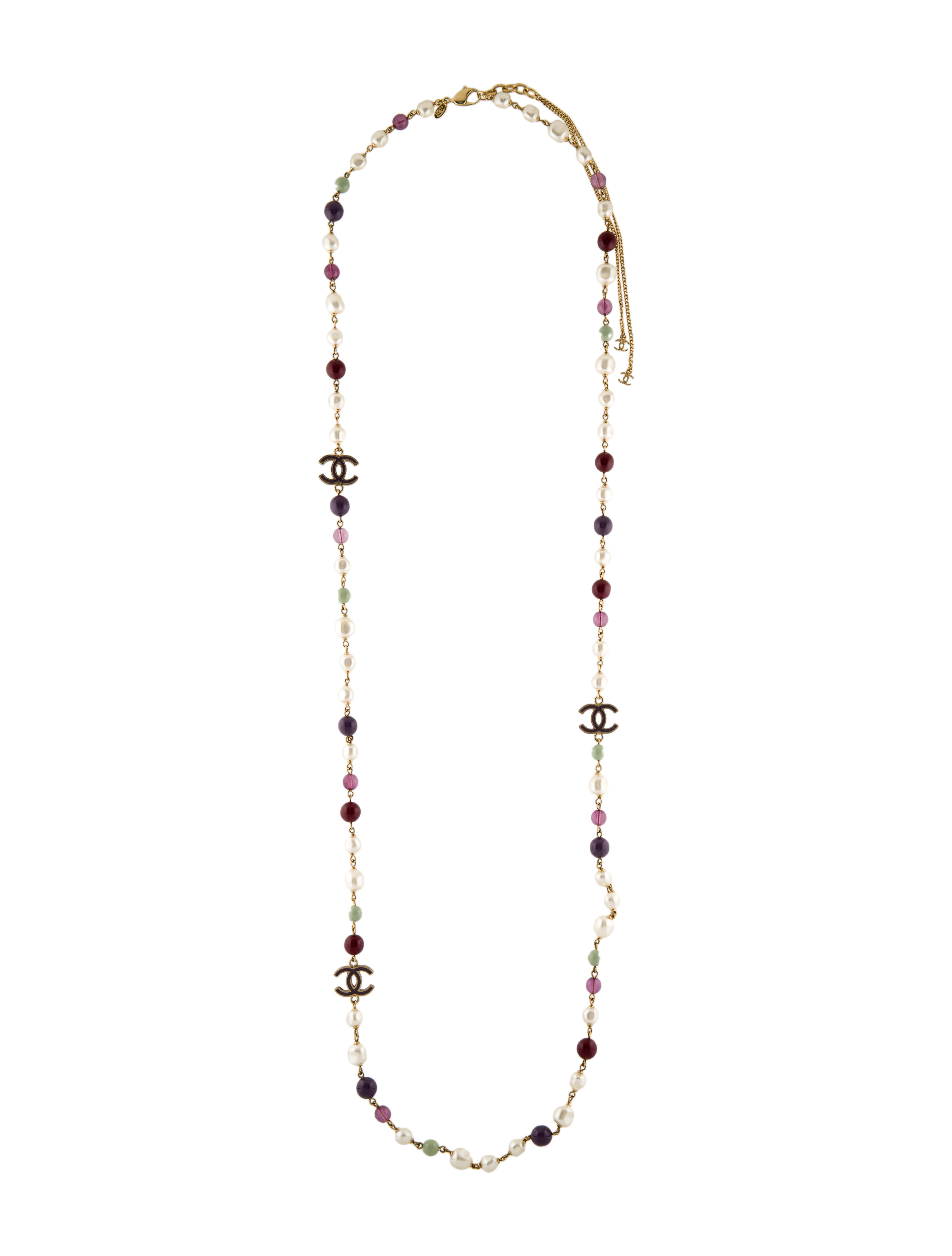 Chanel Resin, Faux Pearl & Enamel CC Station Necklace GoldPlated