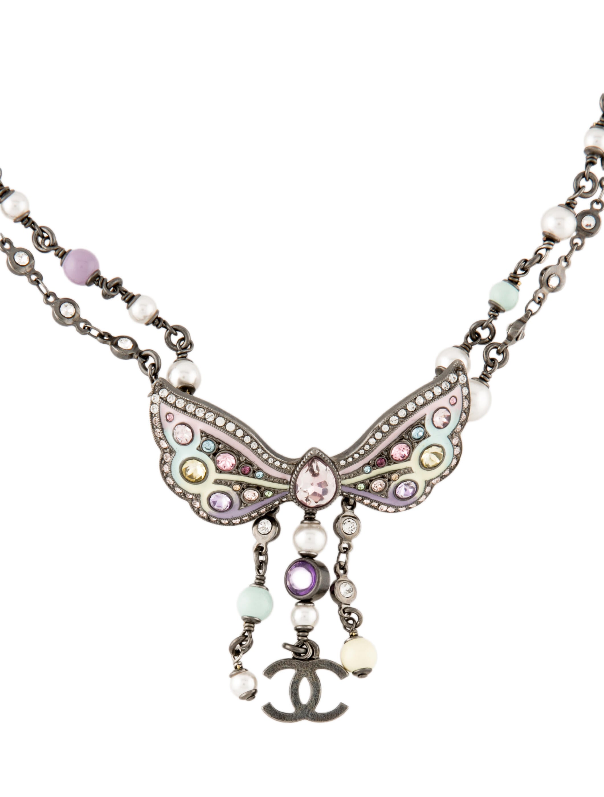 Chanel 2022 Faux Pearl, Enamel & Strass Butterfly Choker Necklace