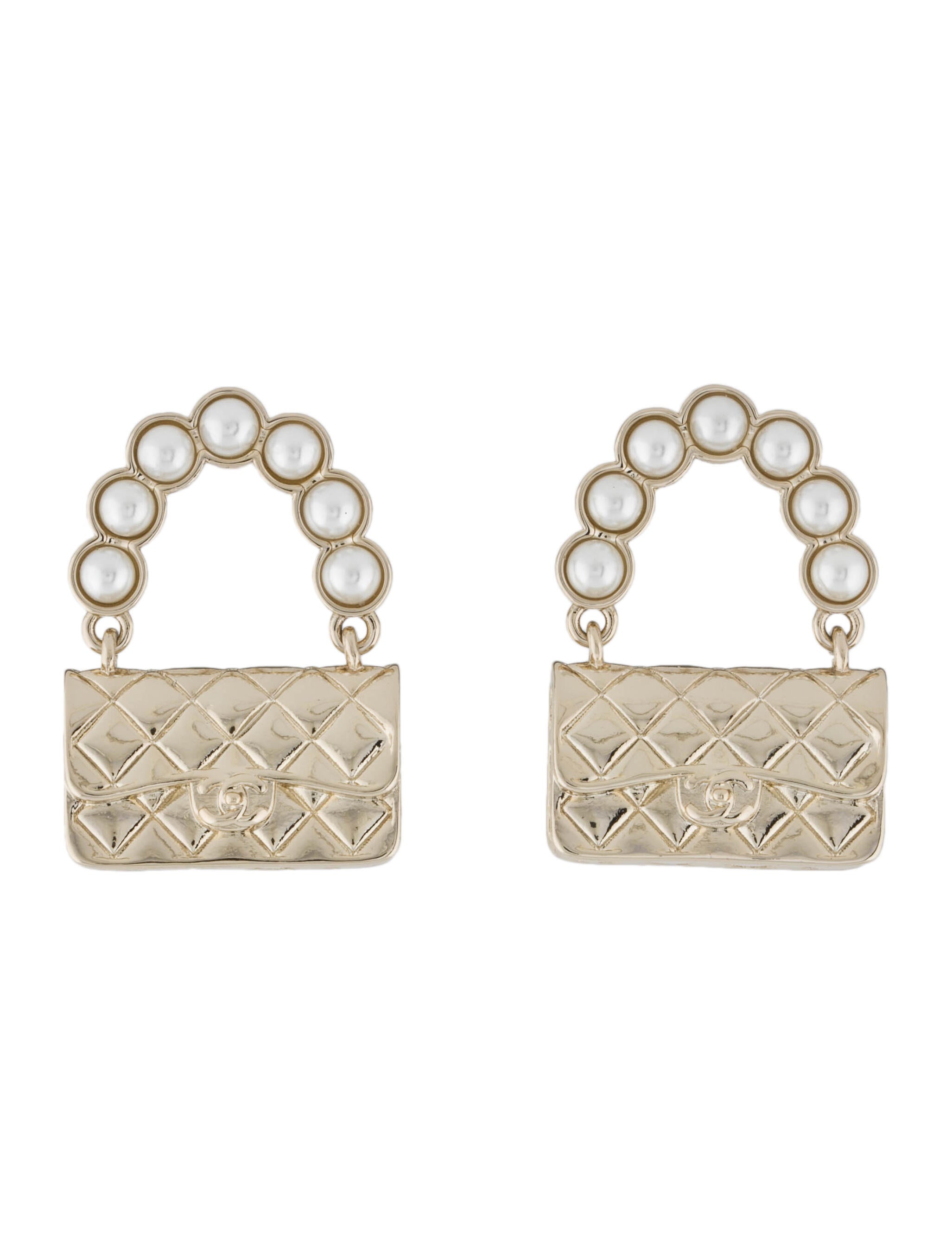 Chanel 2022 Faux Pearl CC Purse Drop Earrings White, GoldPlated Drop